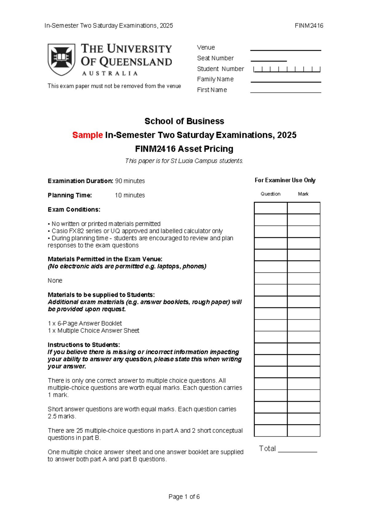 Sample In-Semester Exam Questions for FINM2416, S2 2025 - Studocu