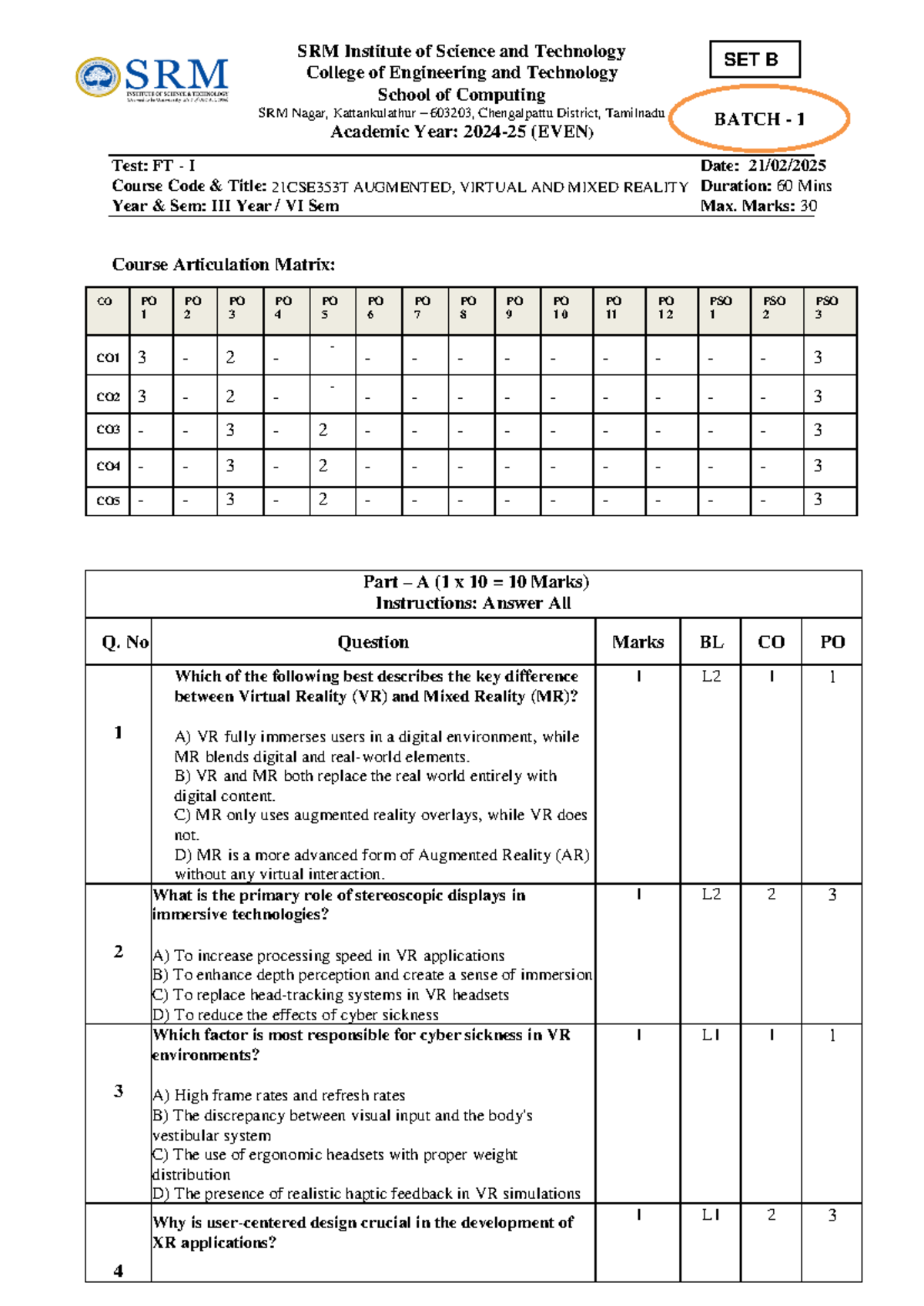 21CSE353T - FT I Augmented, Virtual & Mixed Reality Test Paper - Studocu