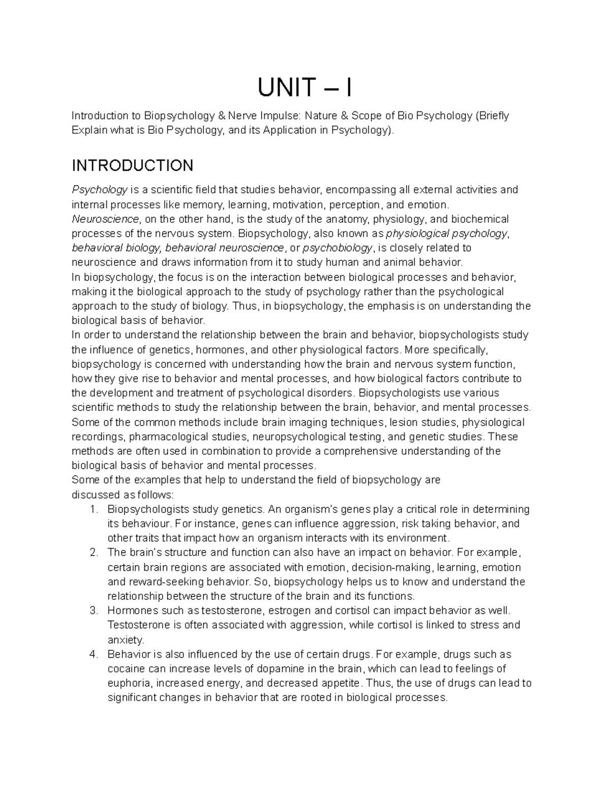 UNIT I: Introduction to Biopsychology - Nerve Impulse & Applications ...