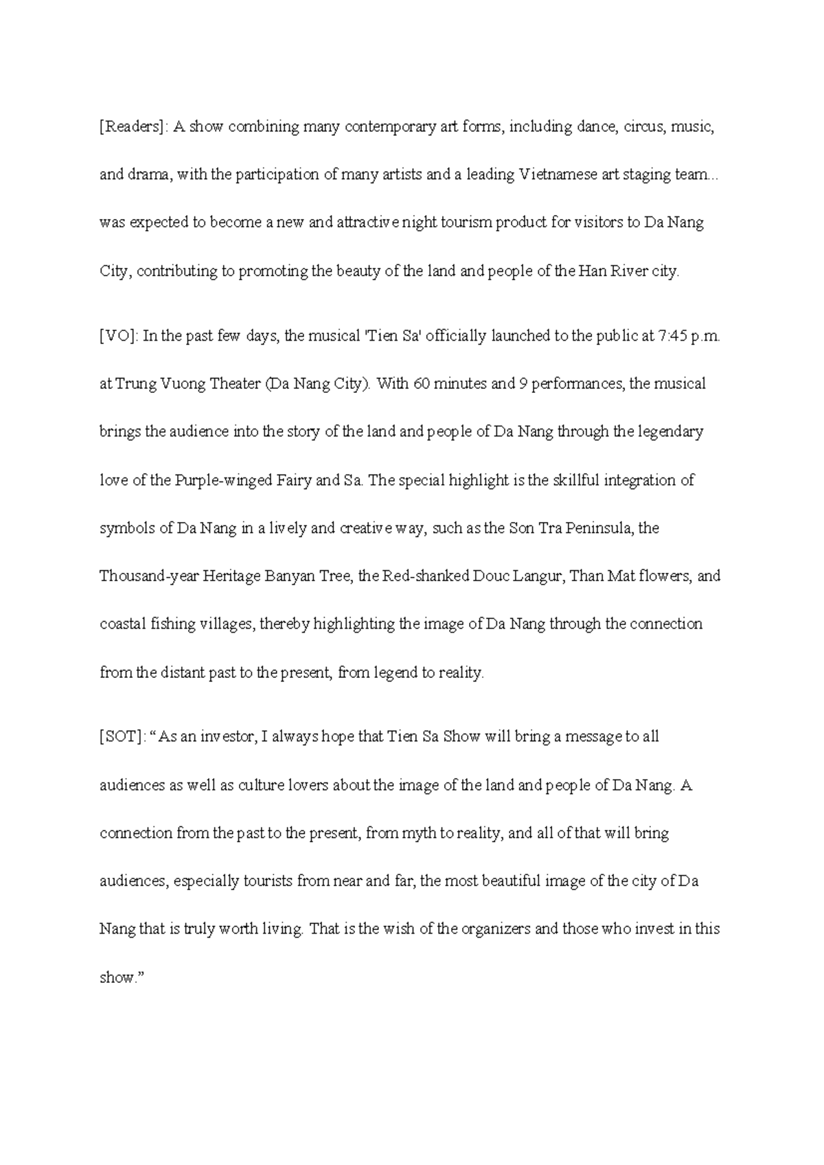 News script tiếng anh - [Readers]: A show combining many contemporary ...