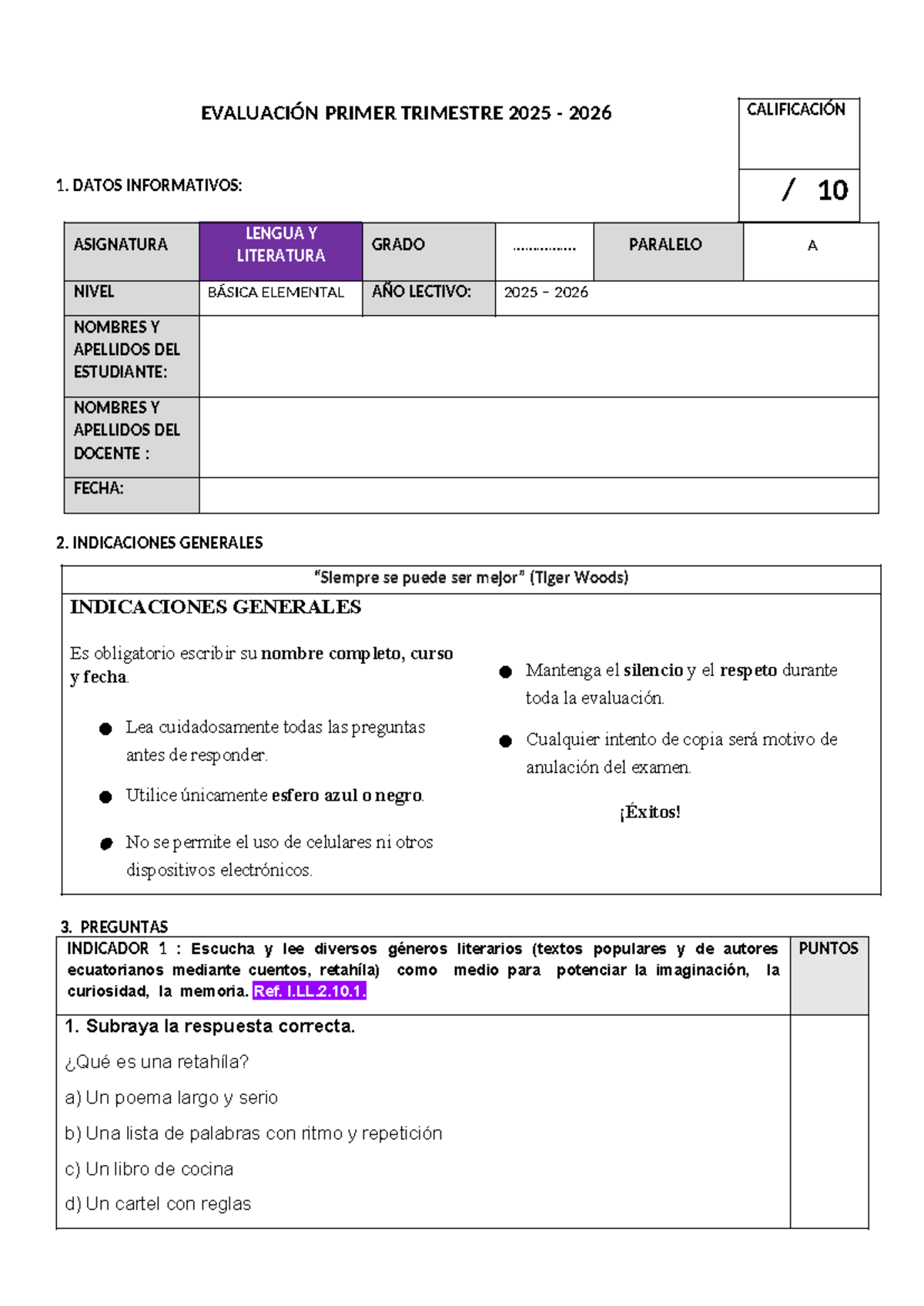 EVALUACIONES 3ER GRADO PRIMER TRIMESTRE 2025-2026 - Document Preview