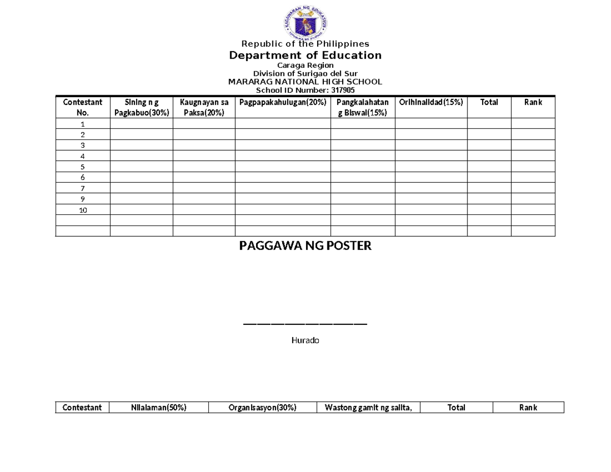 Judging & Tabulation Sheets for Poster and Essay Competitions - Studocu