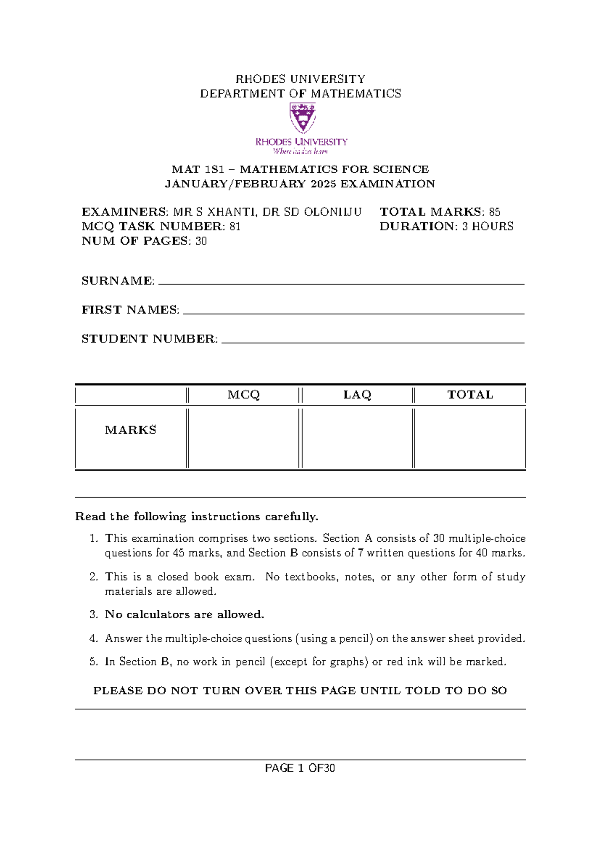2025 MAT 1S1 Mathematics for Science Final Exam Instructions and ...