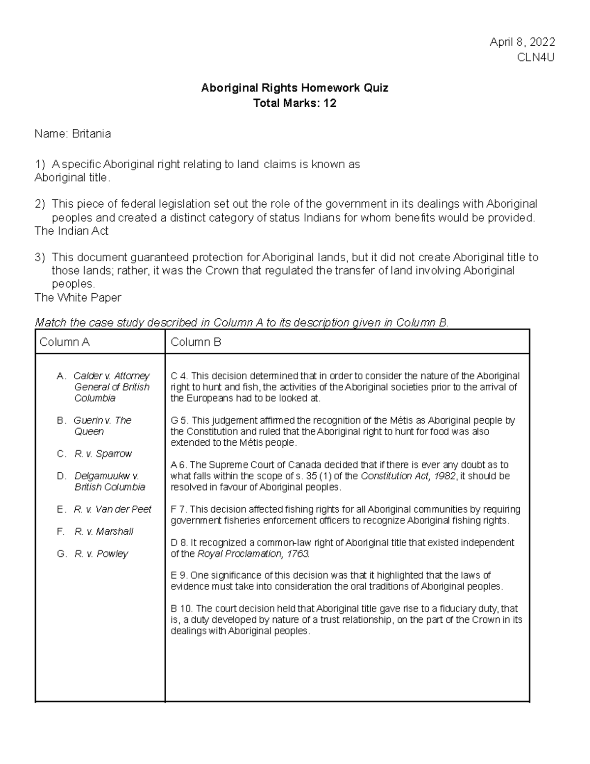 Copy of Aboriginal Rights - Homework Quiz - April 8, 2022 CLN4U ...