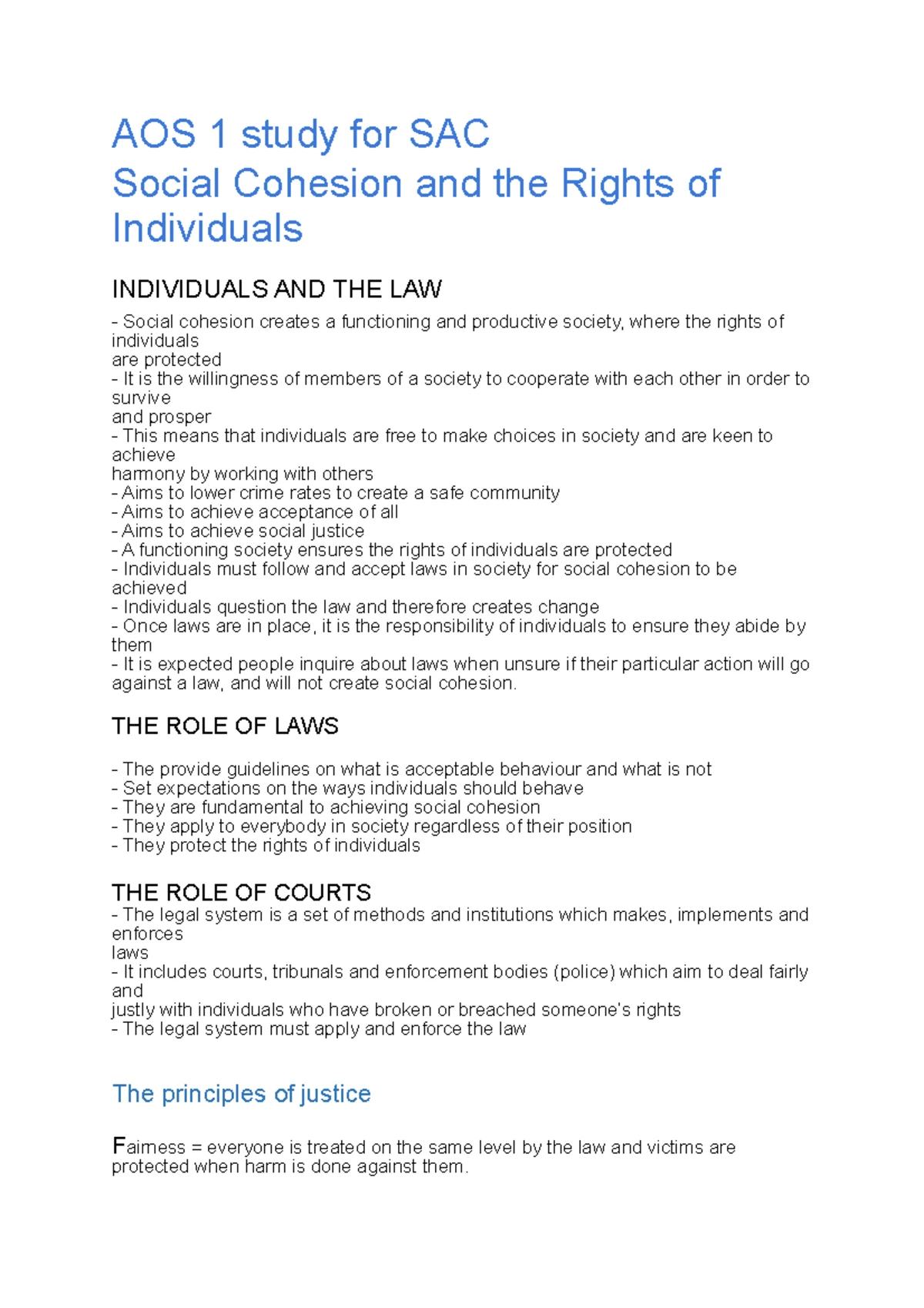 Unit 1 AOS 1 Summary Notes: The Legal System & Social Cohesion - Studocu
