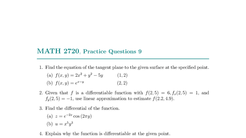MATH 2720, Practice Questions 9 - Tangent Plane & Differentiation - Studocu