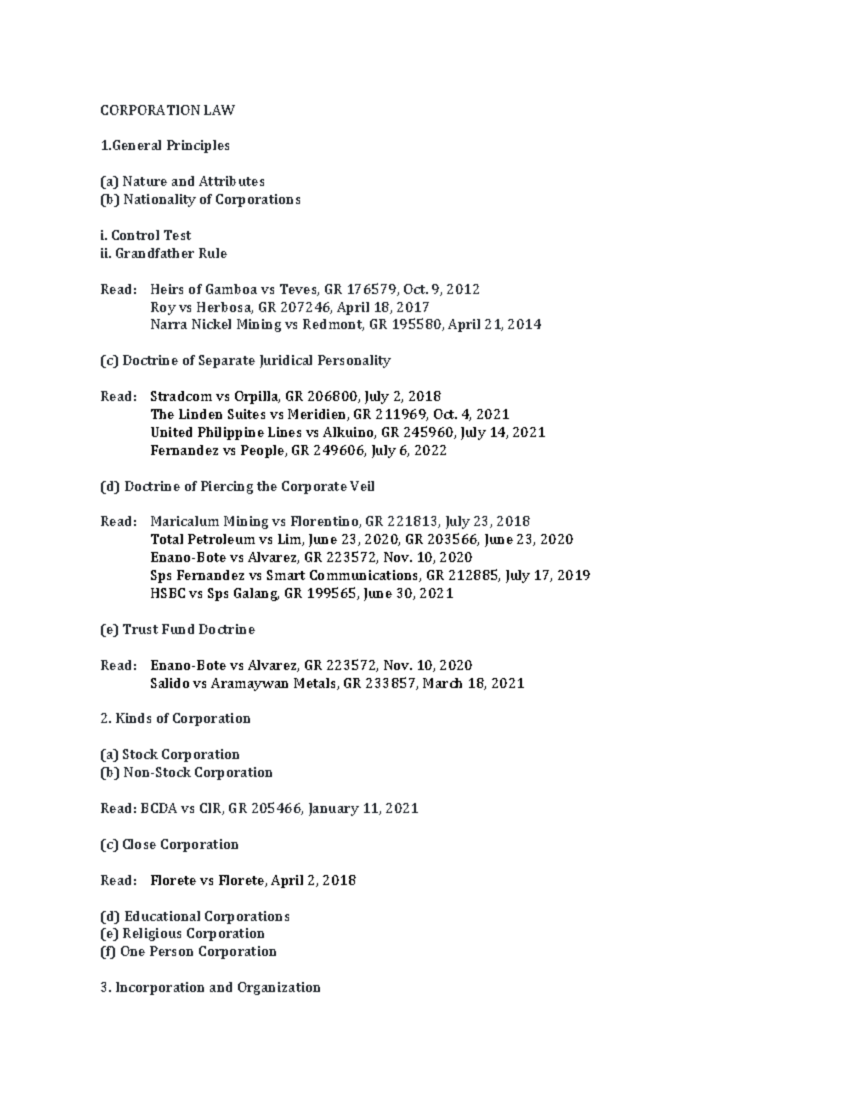 Corporation LAW Syllabus Overview and Key Concepts - Studocu