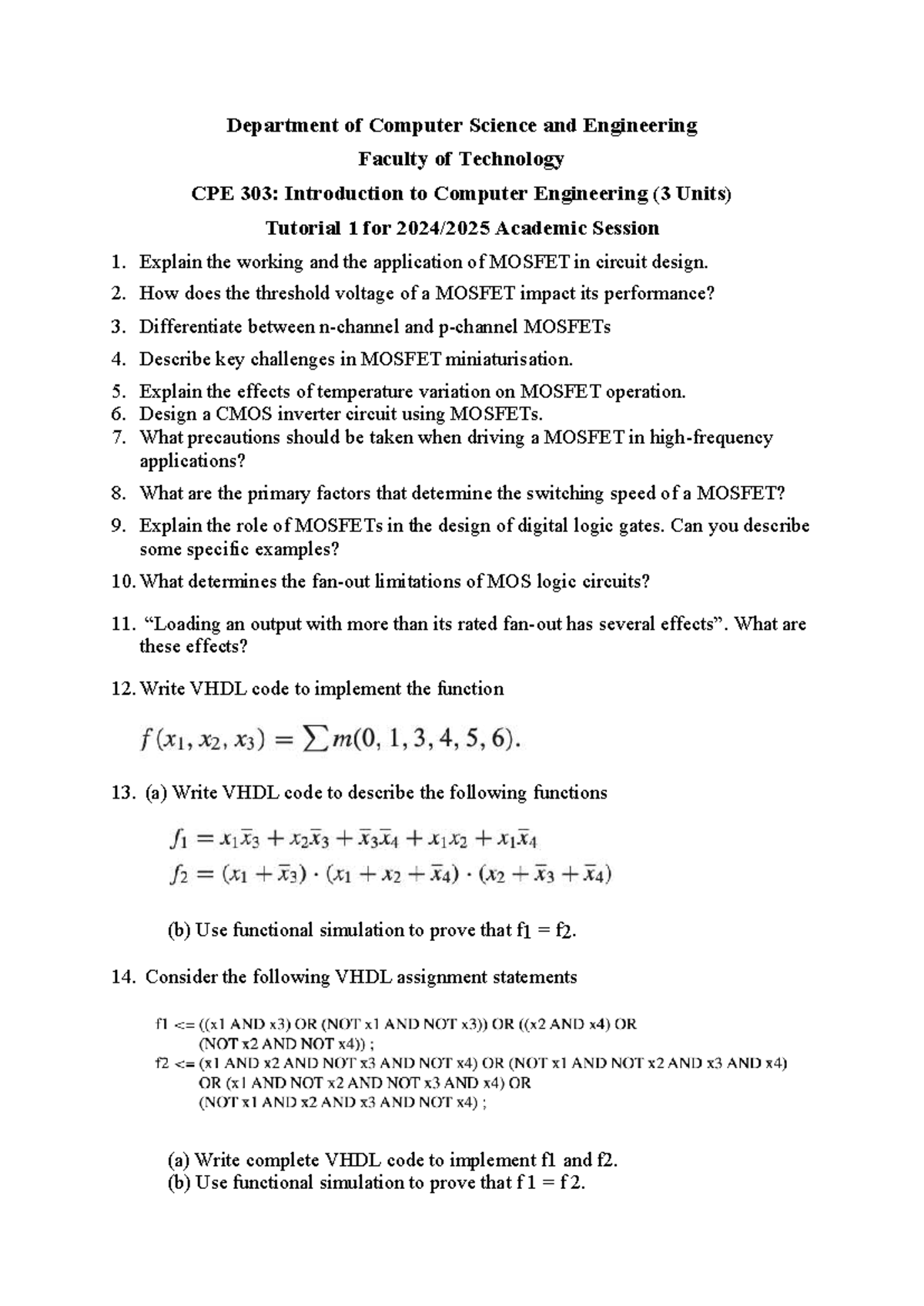 CPE 303: MOSFET Applications and Circuit Design Tutorial 1 - Studocu