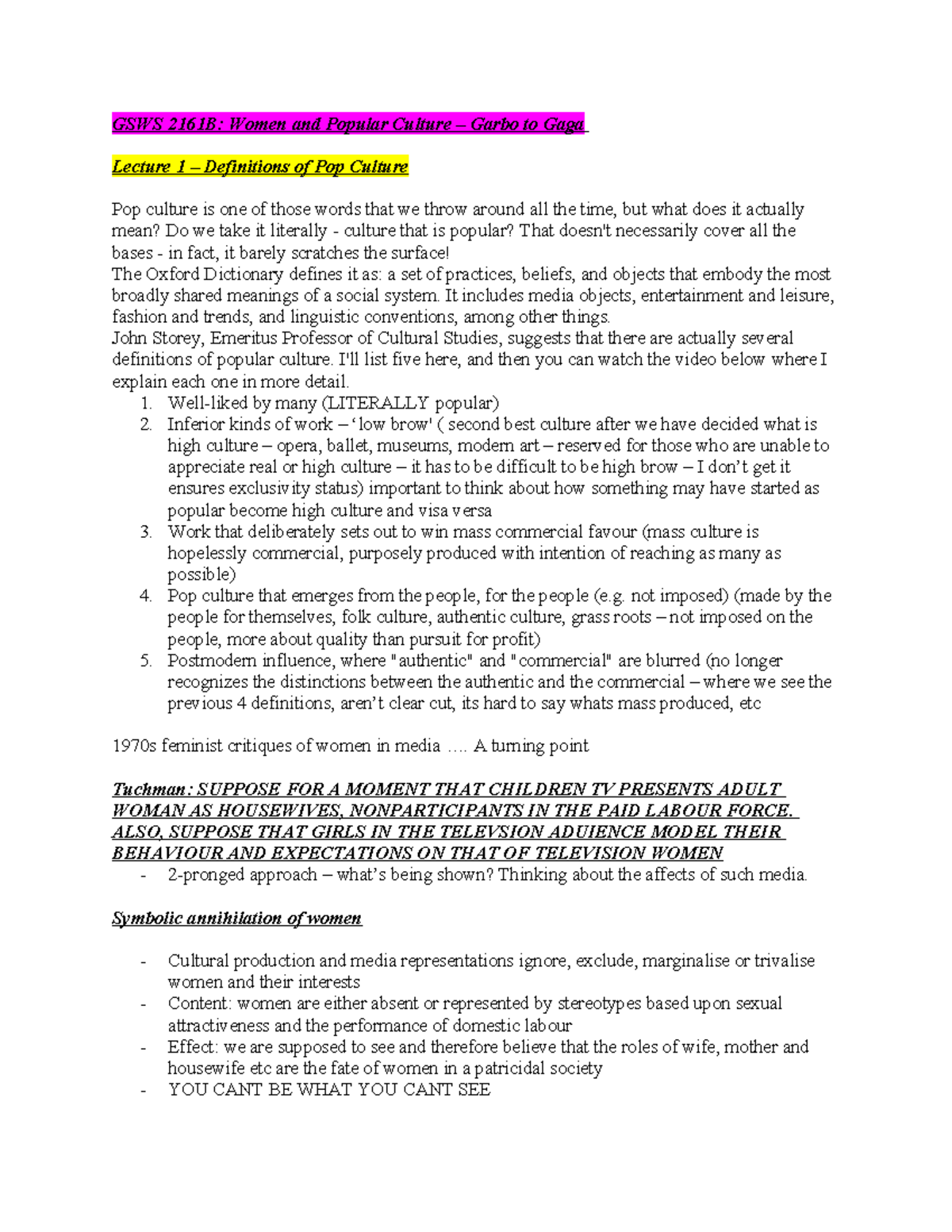 Women and Pop Culture Notes - GSWS 2161B: Women and Popular Culture ...