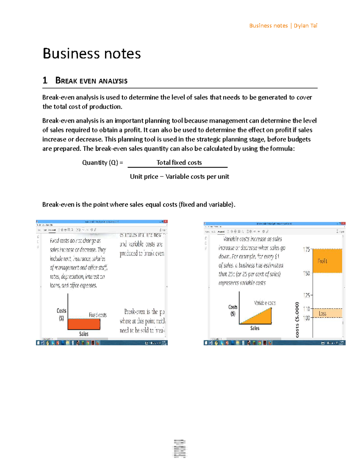 Business Notes: Break Even Analysis & Financial Statements - Studocu