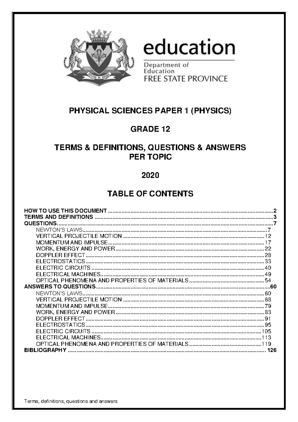 Physical Sciences P1 (Physics) Gr 12: Terms, Definitions, Q&A by Topic ...