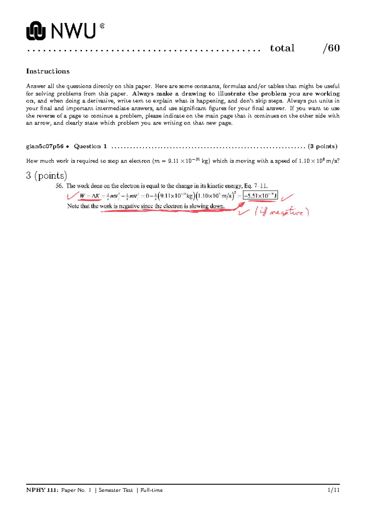 NPHY111 Semester Test Solutions and Instructions - Studocu