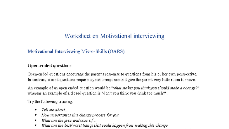 Week 6 MI Worksheet: OARS Questions for Client Engagement - Studocu