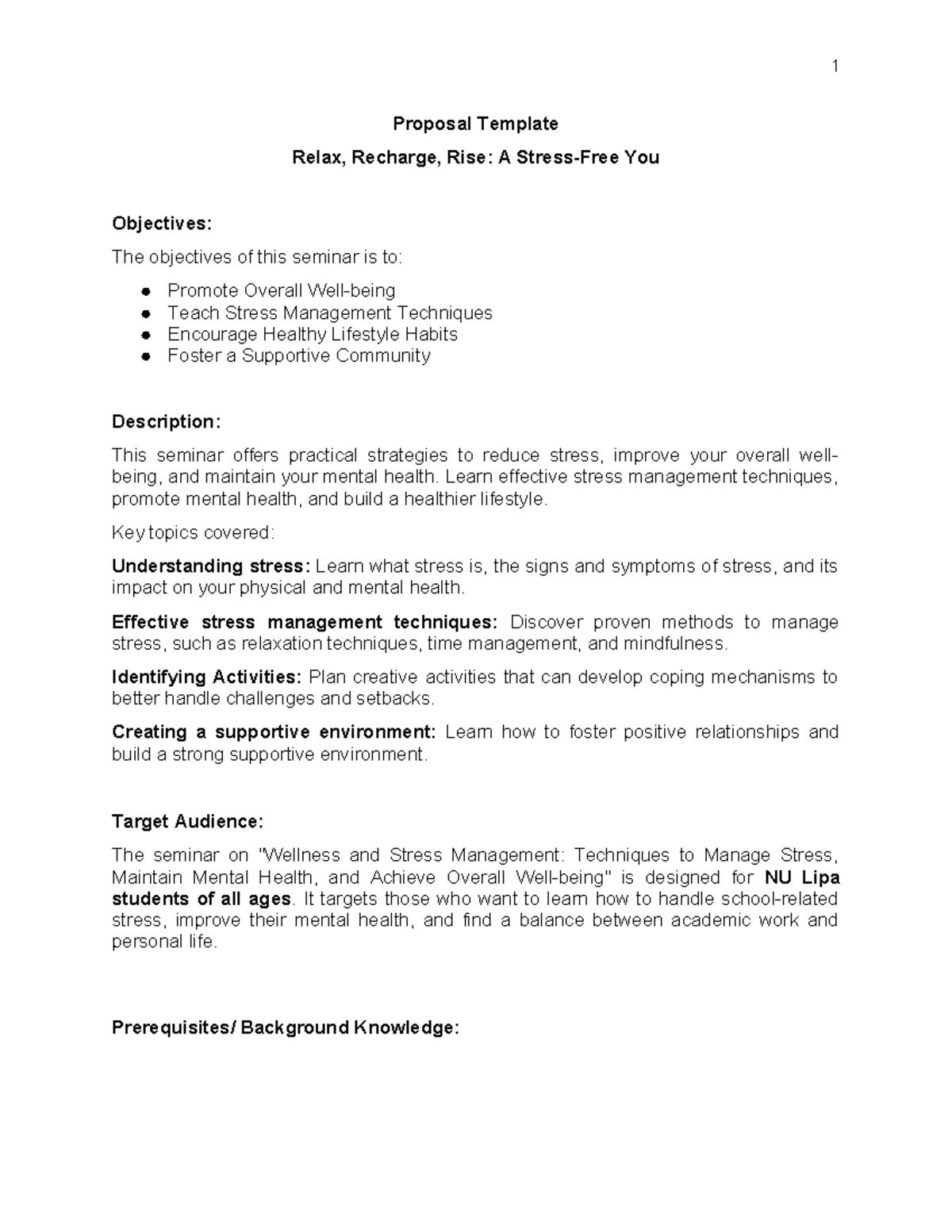 NU Lipa Seminar Proposal: Wellness & Stress Management Techniques - Studocu