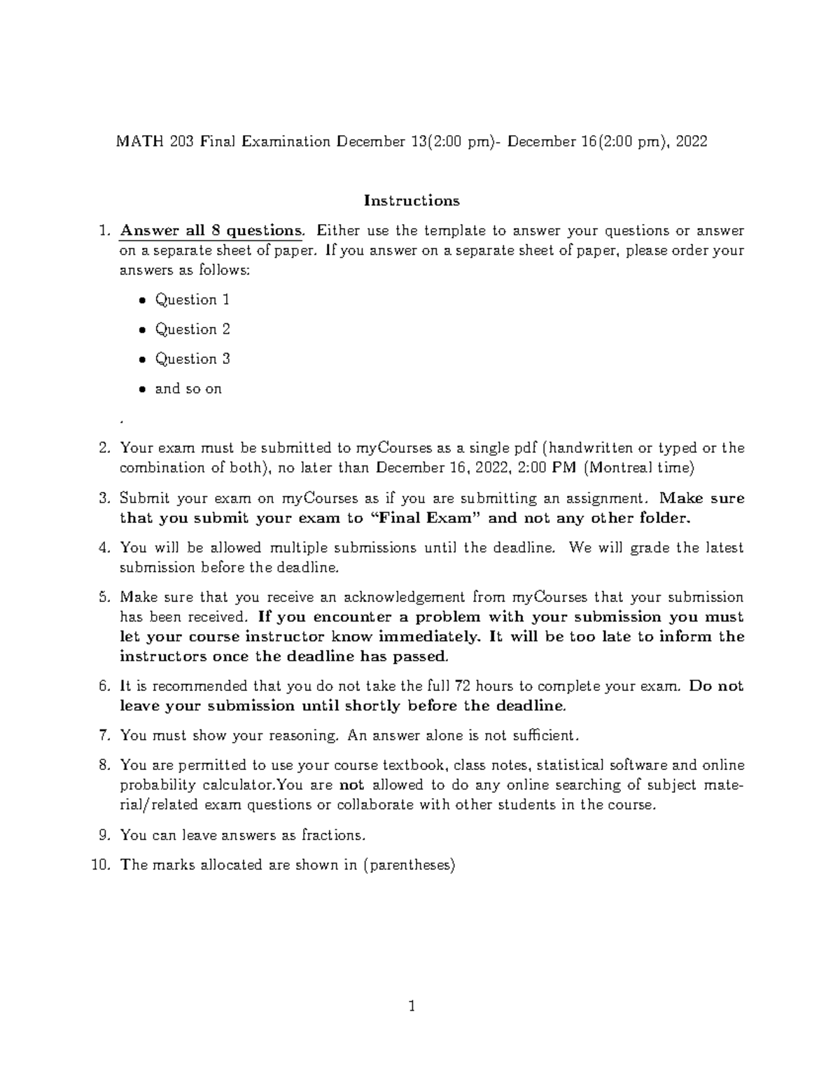 Math 203 Final Exam Guide - Fall 22 Revised Details and Instructions ...