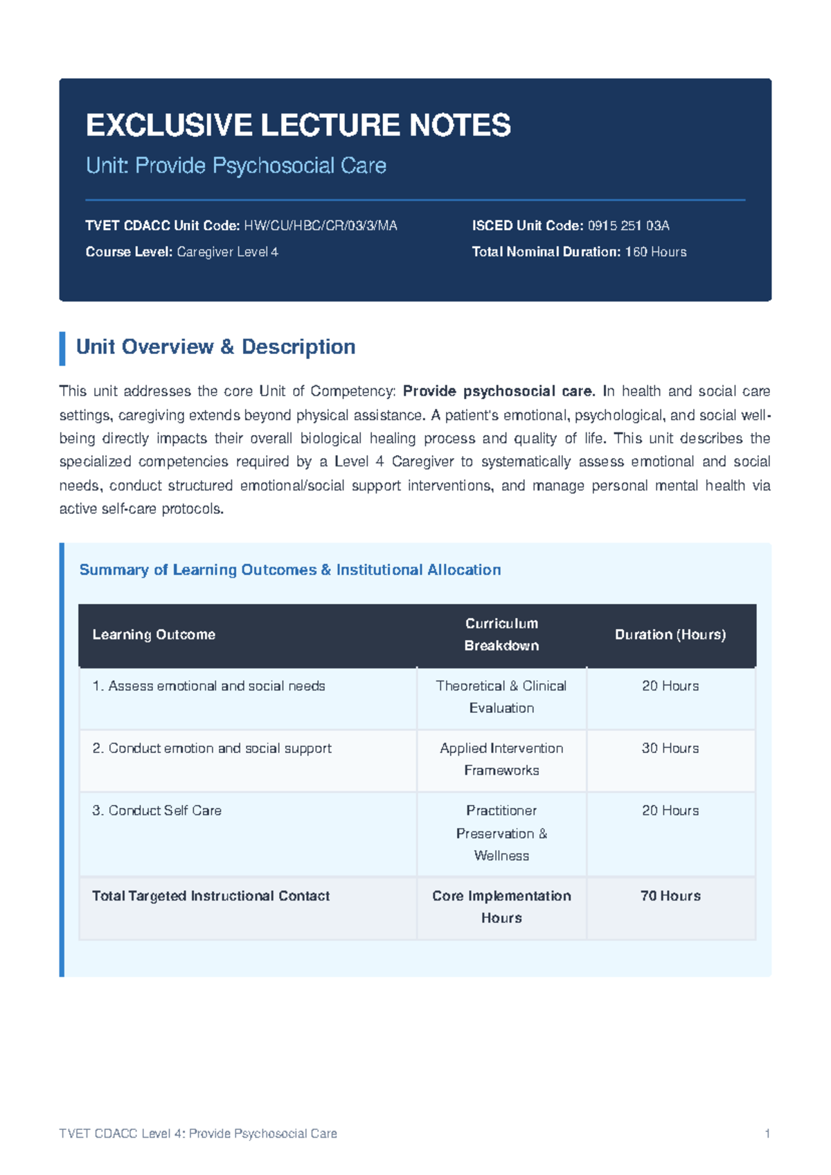 TVET CDACC Level 4: Caregiver Psychosocial Care Lecture Notes - Studocu