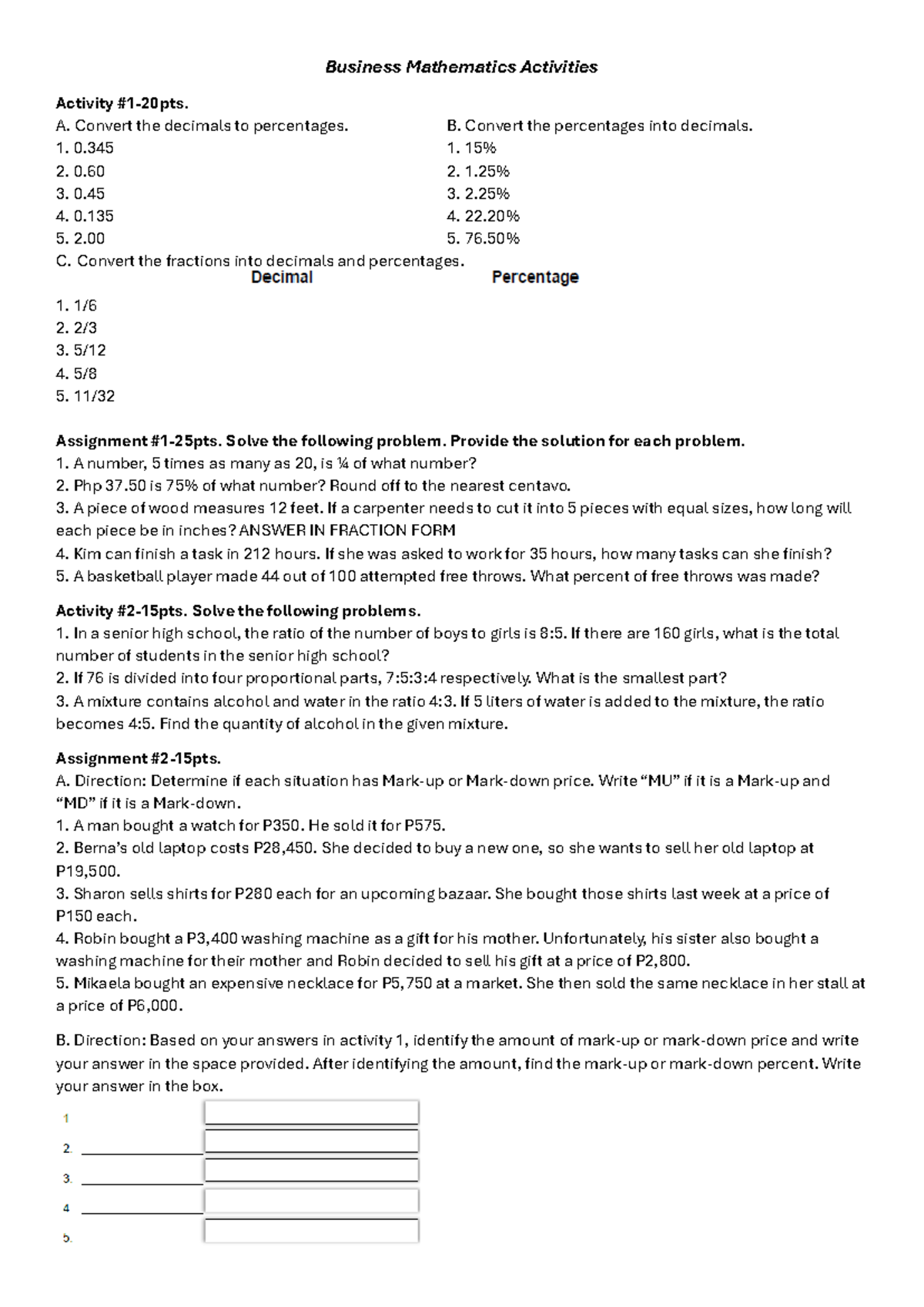 Activities Summary - Bmstat - Business Mathematics Activities Activity ...
