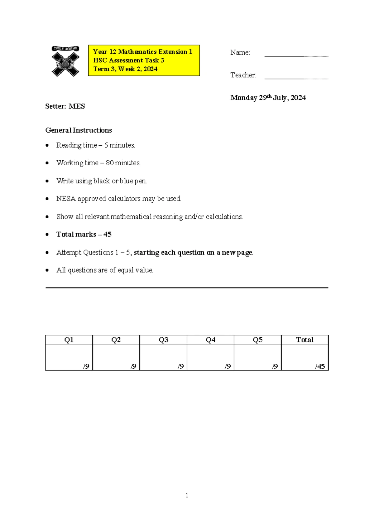 2022 Y12 Mathematics Extension 1 AT3 - Assessment Task 3 Details - Studocu