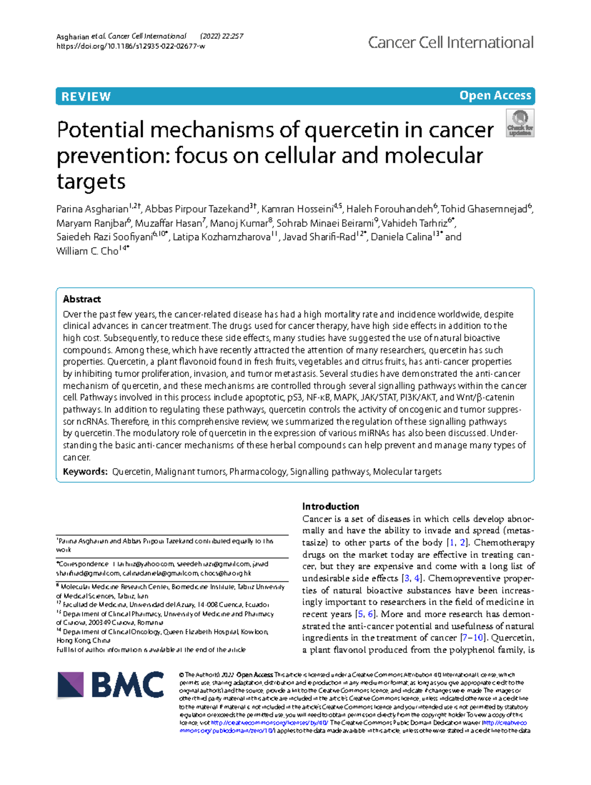 Potential Mechanisms of Quercetin in Cancer Prevention: A Review (2022 ...