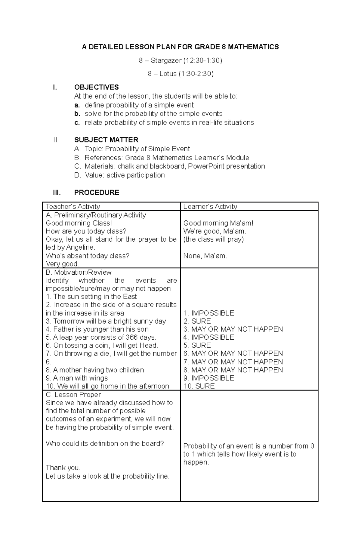 15 DLP Probability of Simple Event - A DETAILED LESSON PLAN FOR GRADE 8 ...