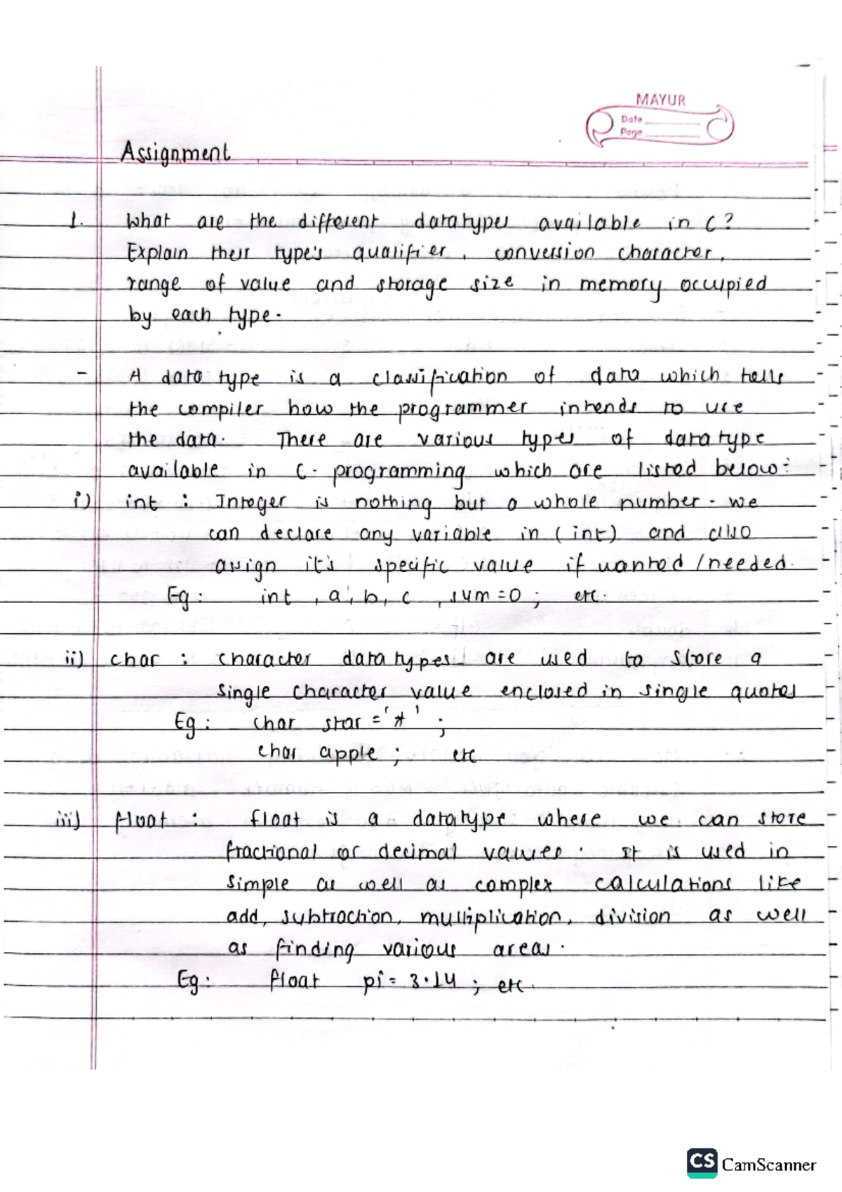 C program Assignment - MAYUR Date Page Assignment 1. what are the ...