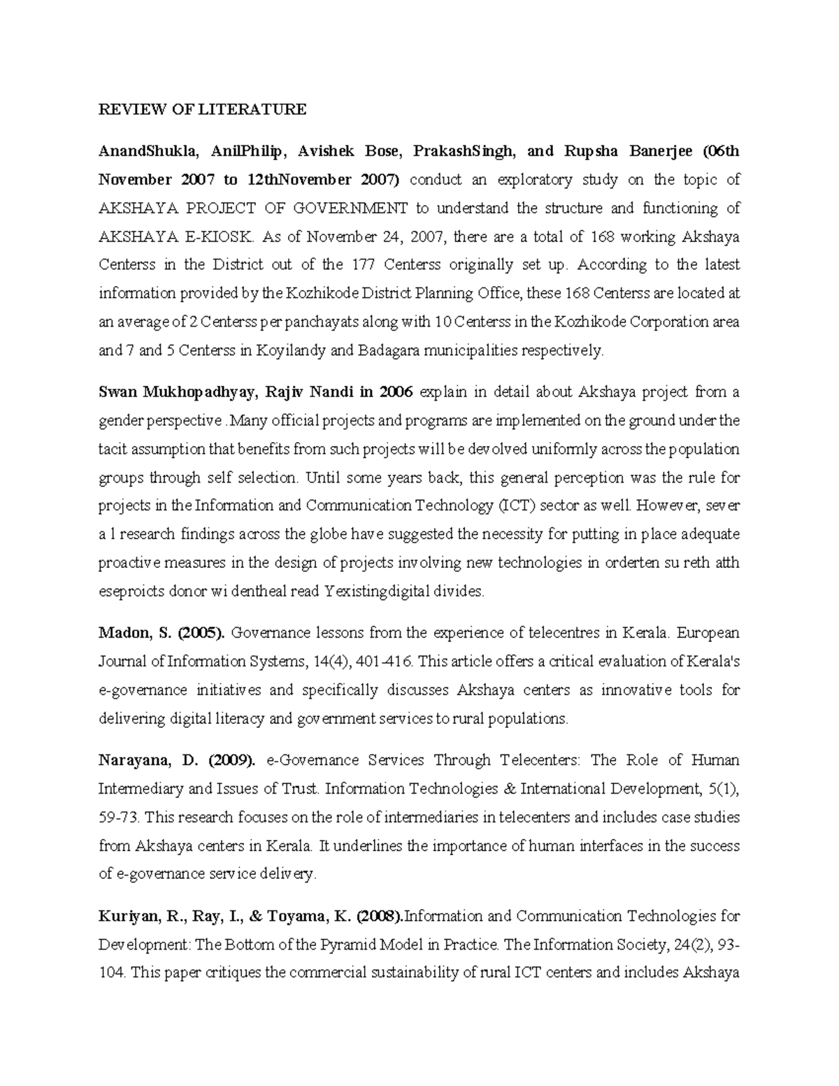 REVIEW OF LITERATURE ON AKSHAYA PROJECT (ICT INITIATIVES) - Studocu