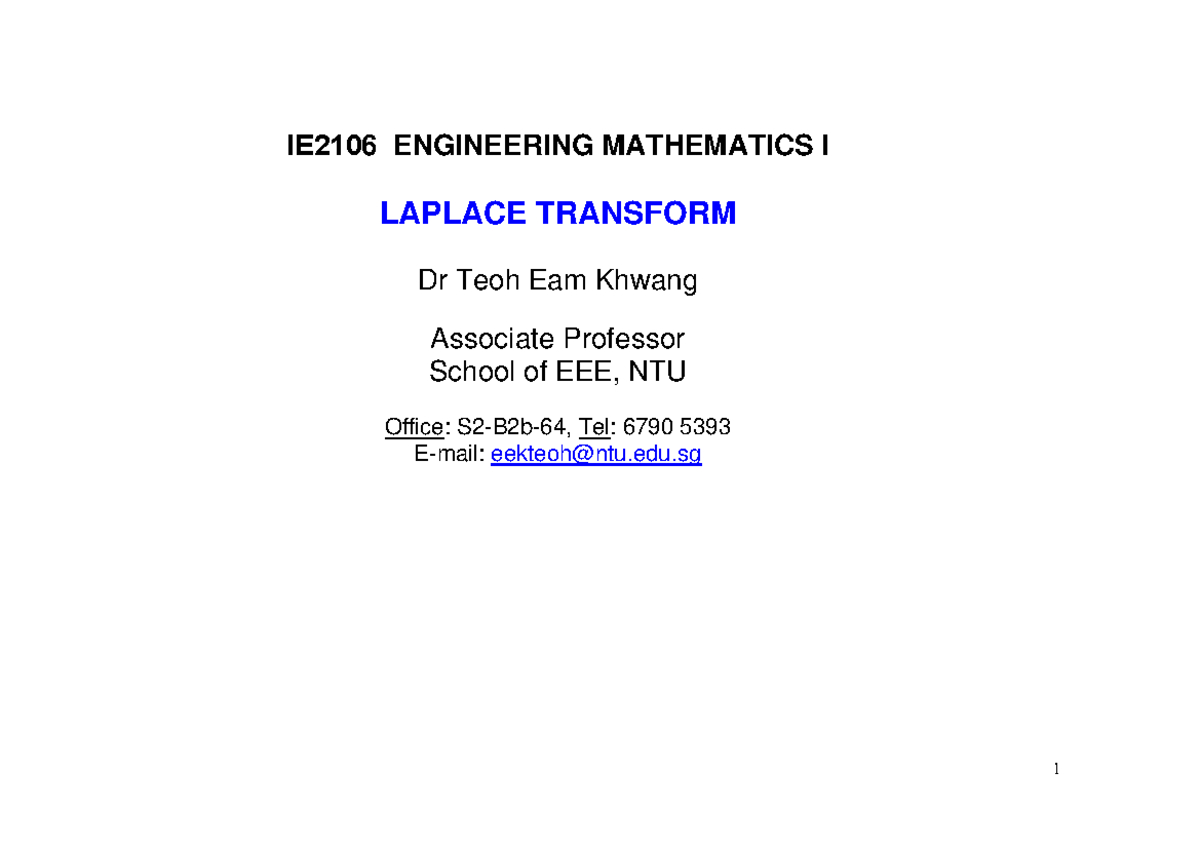 IE2106 - Lecture Notes on Laplace Transform Concepts by Dr. Teoh - Studocu