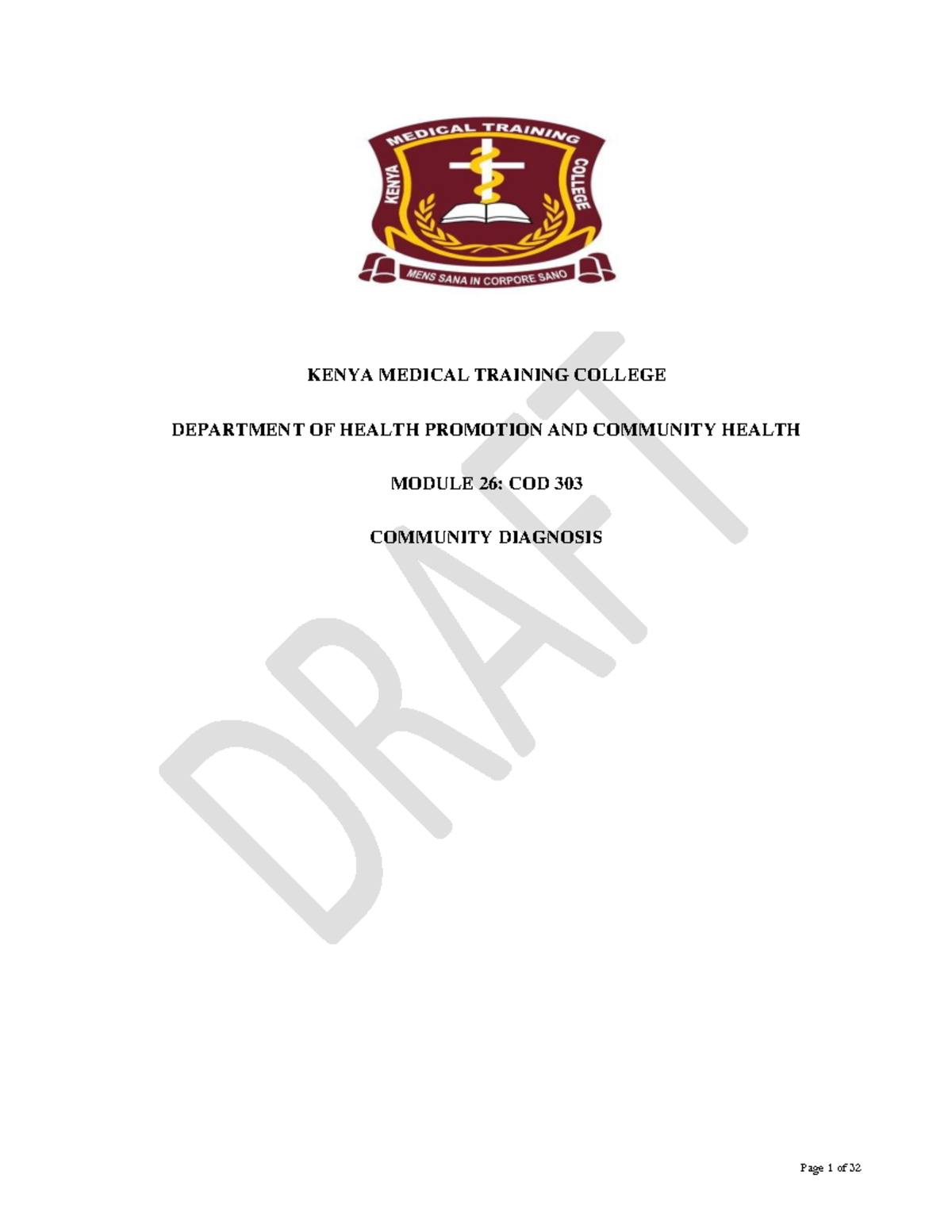 Community diagnosis notes - COD 303 module 26 at Kenya medical training ...