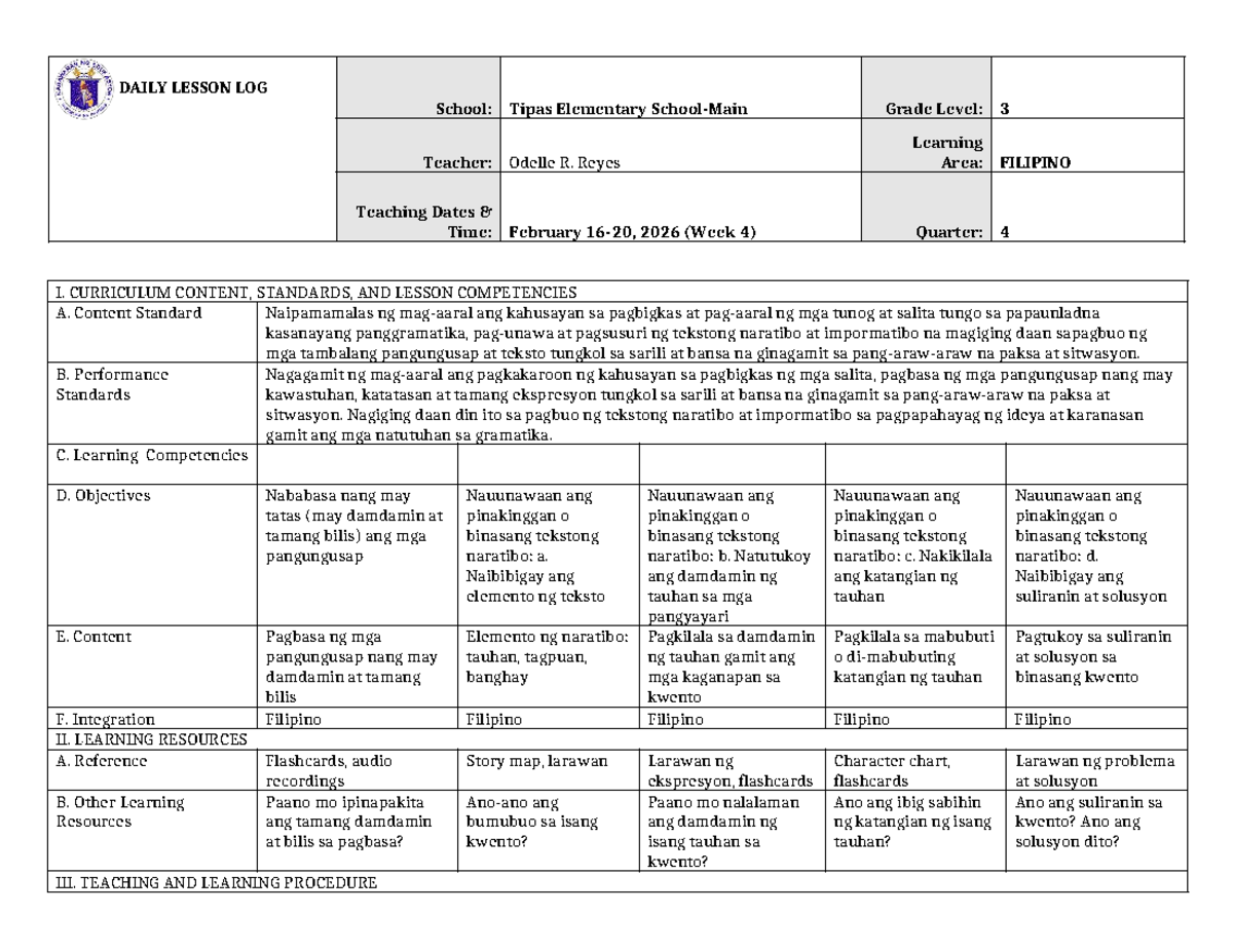 DLL Filipino 3 Q4 Week 4 Lesson Plan - Studocu