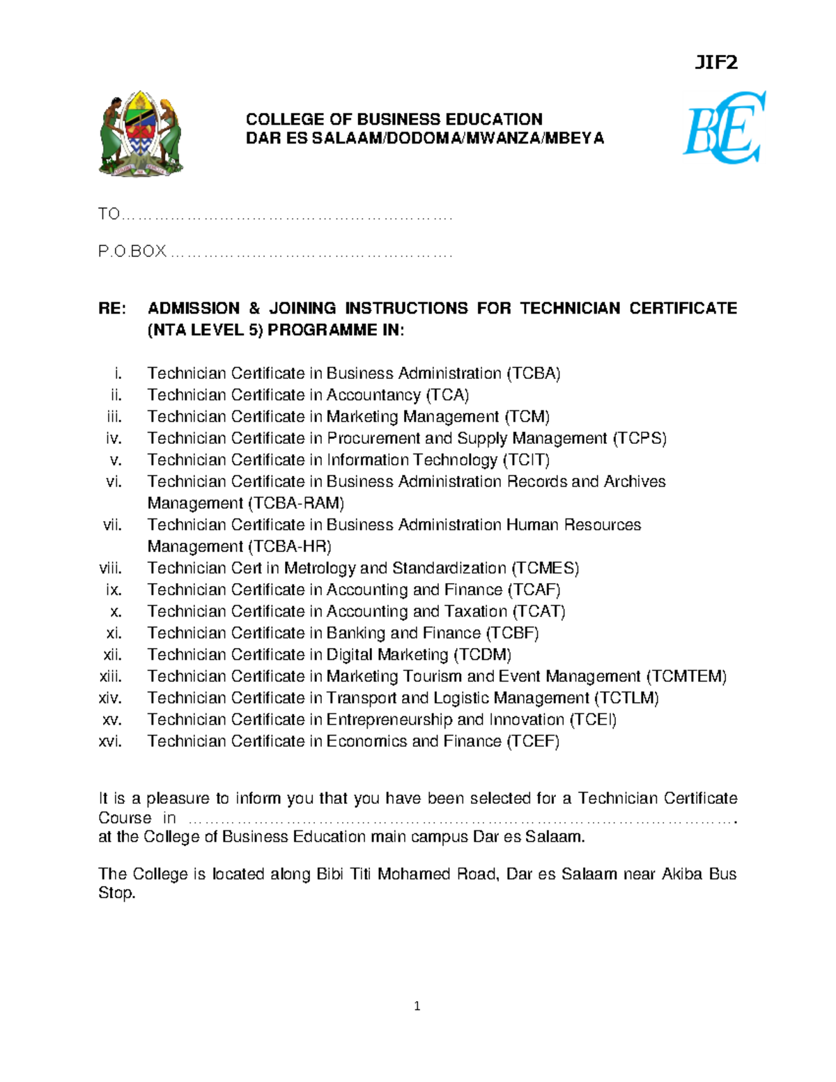 CBE Joining Instructions for Diploma 1 September Intake 2023-2024 - Studocu