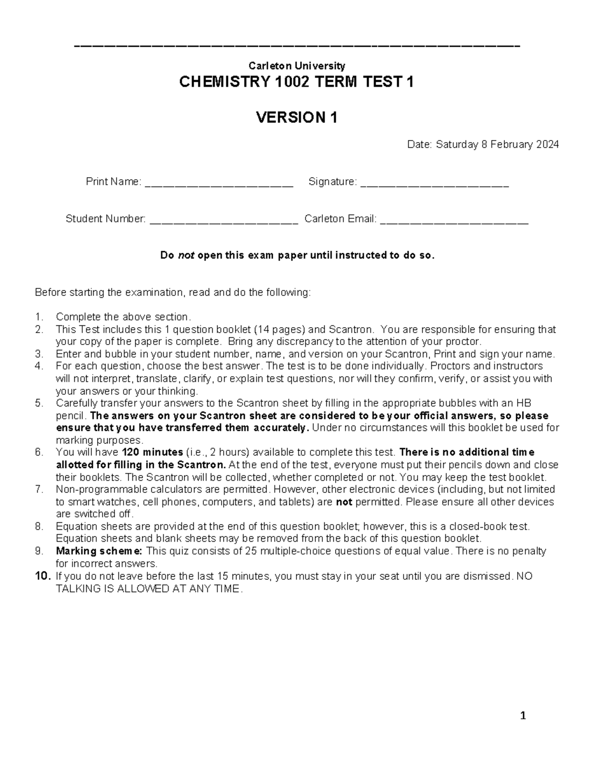 Carleton University CHEMISTRY 1002 TERM TEST 1 VERSION 1 Guide - Studocu