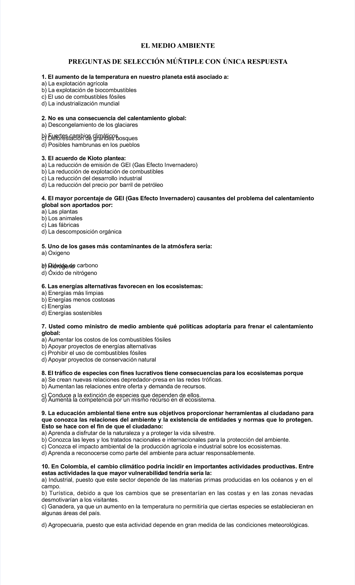 Cuestionario sobre el Medio Ambiente: Preguntas de Selección Múltiple ...