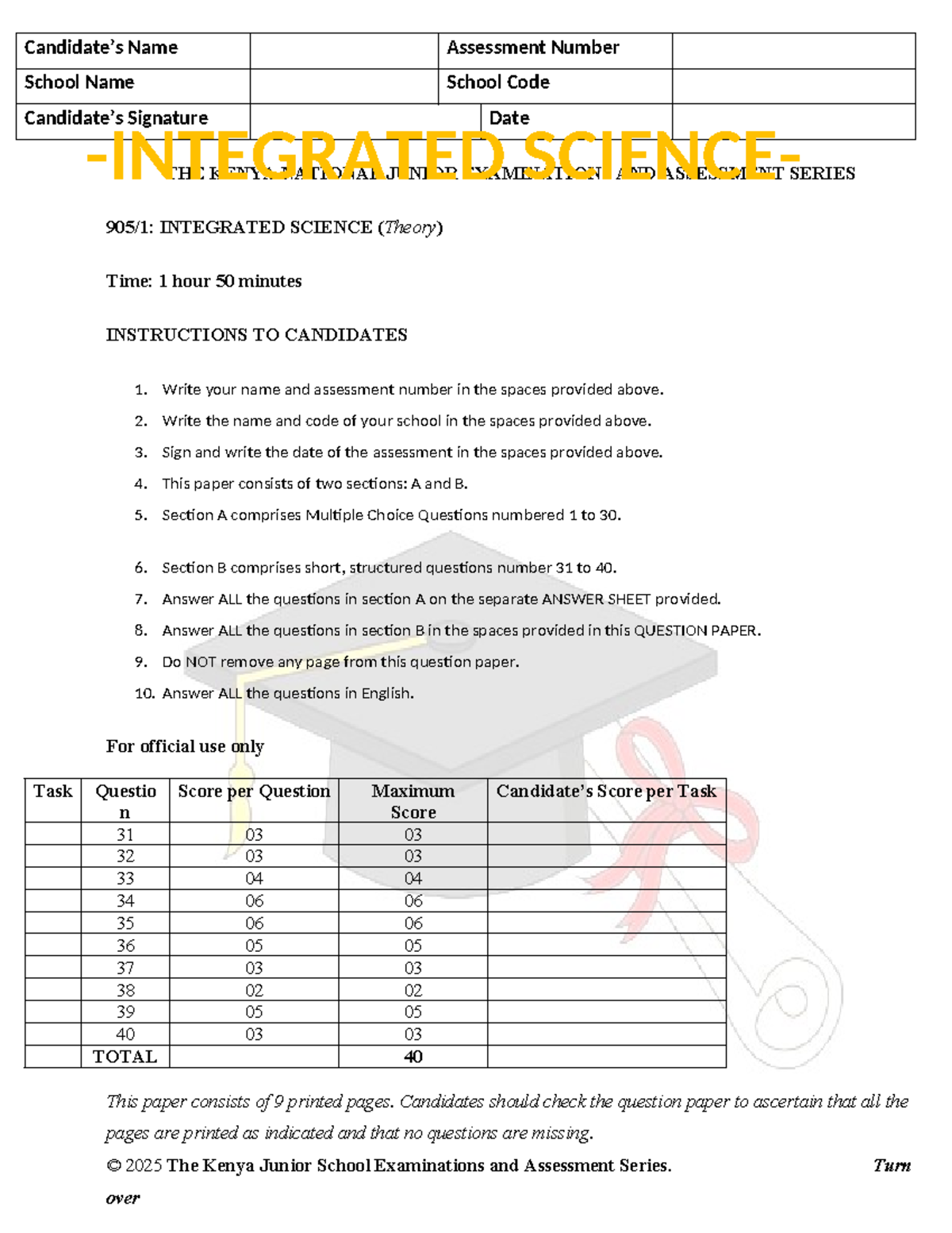Grade 9 Integrated Science Assessment Paper 1 (2025) - Studocu