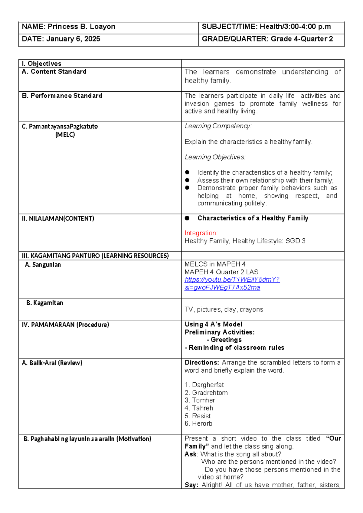 Grade 2 Lesson Plan: Healthy Family Concepts - Final Exam - Studocu