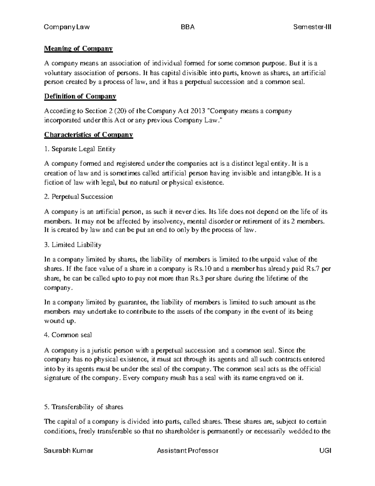 Company Law Notes: Key Concepts and Characteristics of Companies - Studocu