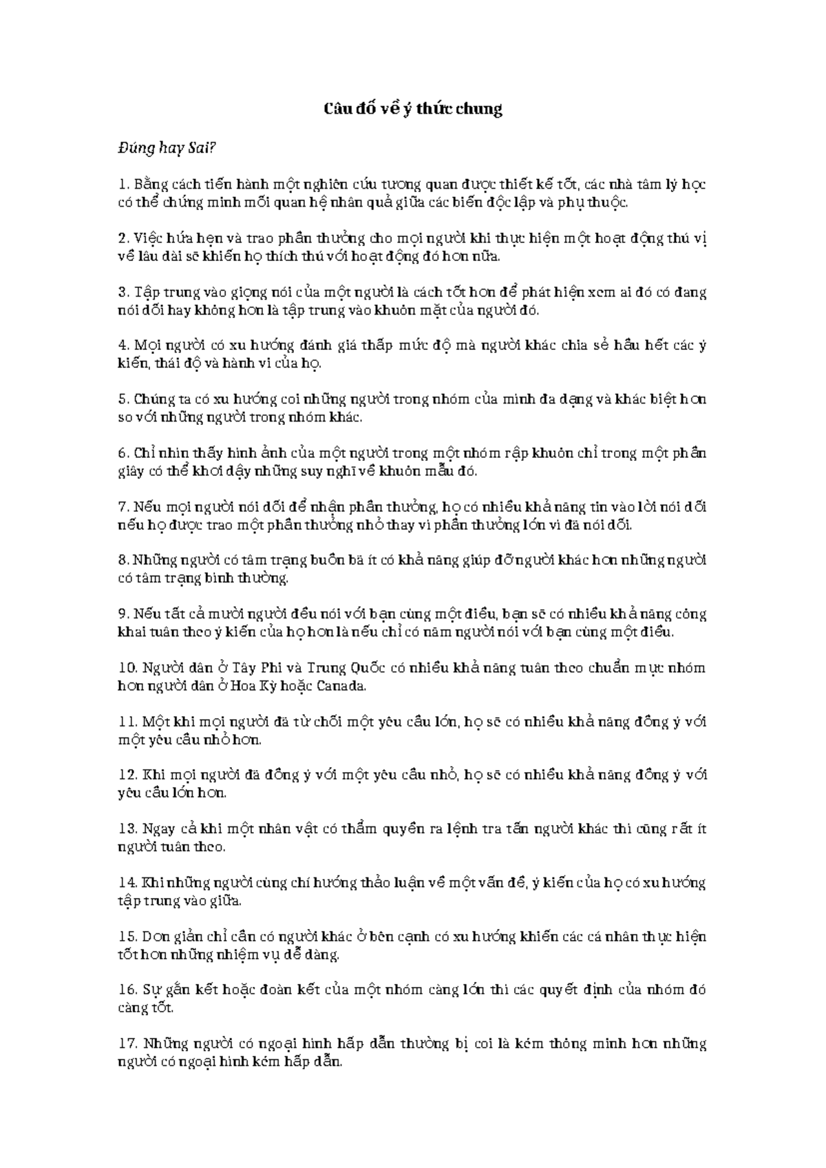Common Sense Quiz Questions and Answers - Psychology 101 - Studocu