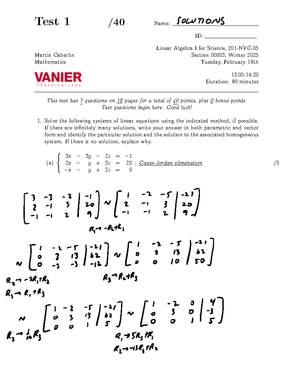 2025 MATH 1H NYC3 Test 1 Solutions: Linear Algebra I - Studocu