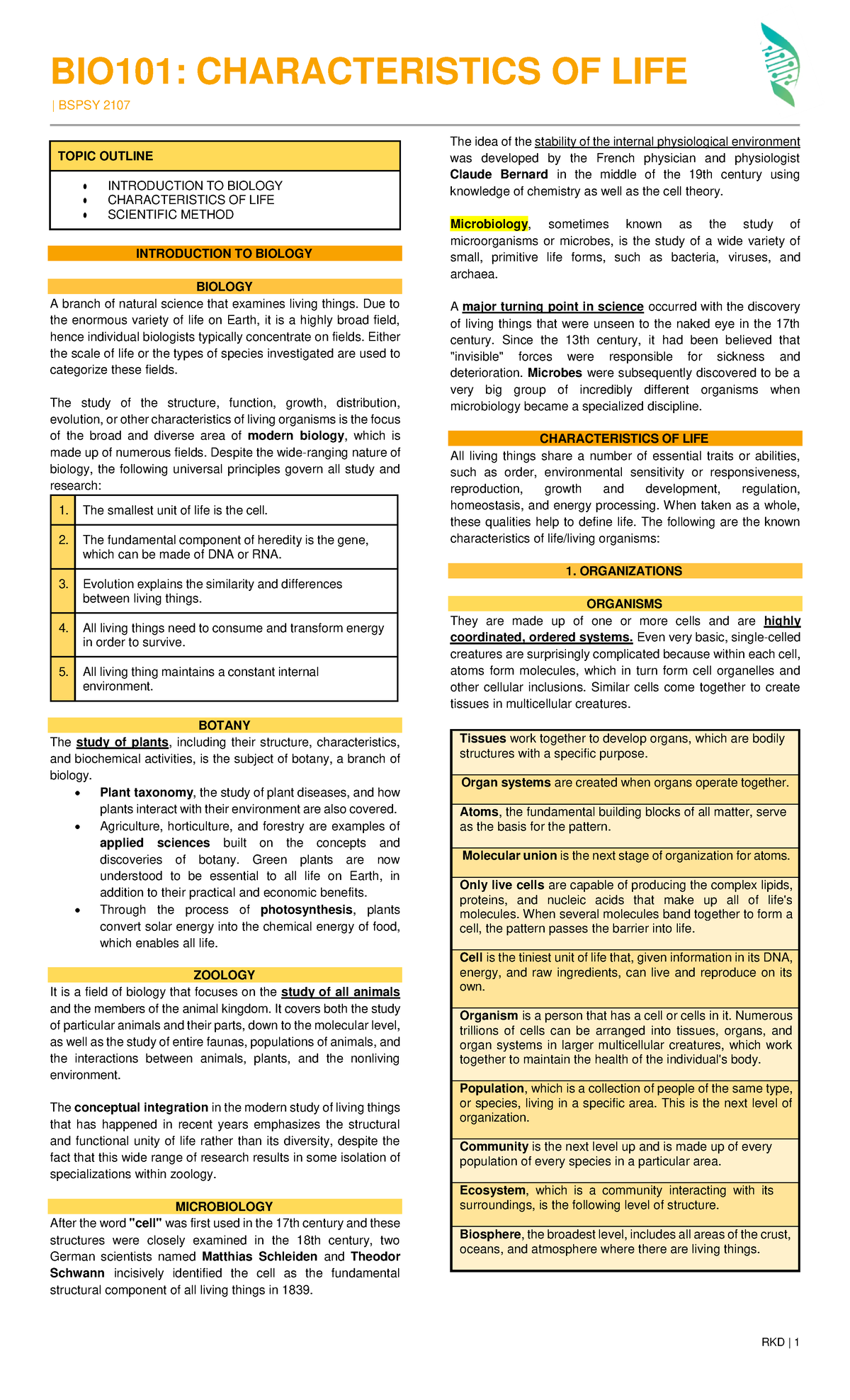 Transes - BIO101: CHARACTERISTICS OF LIFE | BSPSY 2107 The idea of the ...