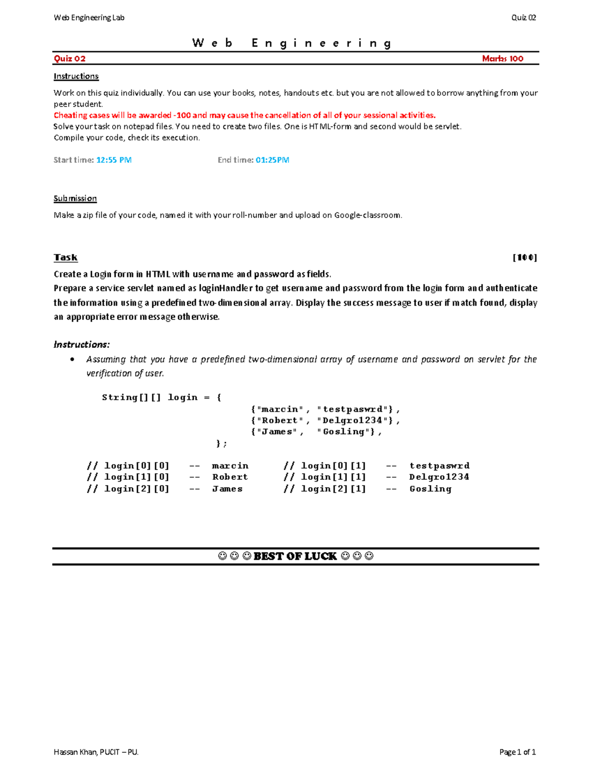 Web Engineering Lab Quiz 02 - HTML Login Form & Servlet Task - Studocu