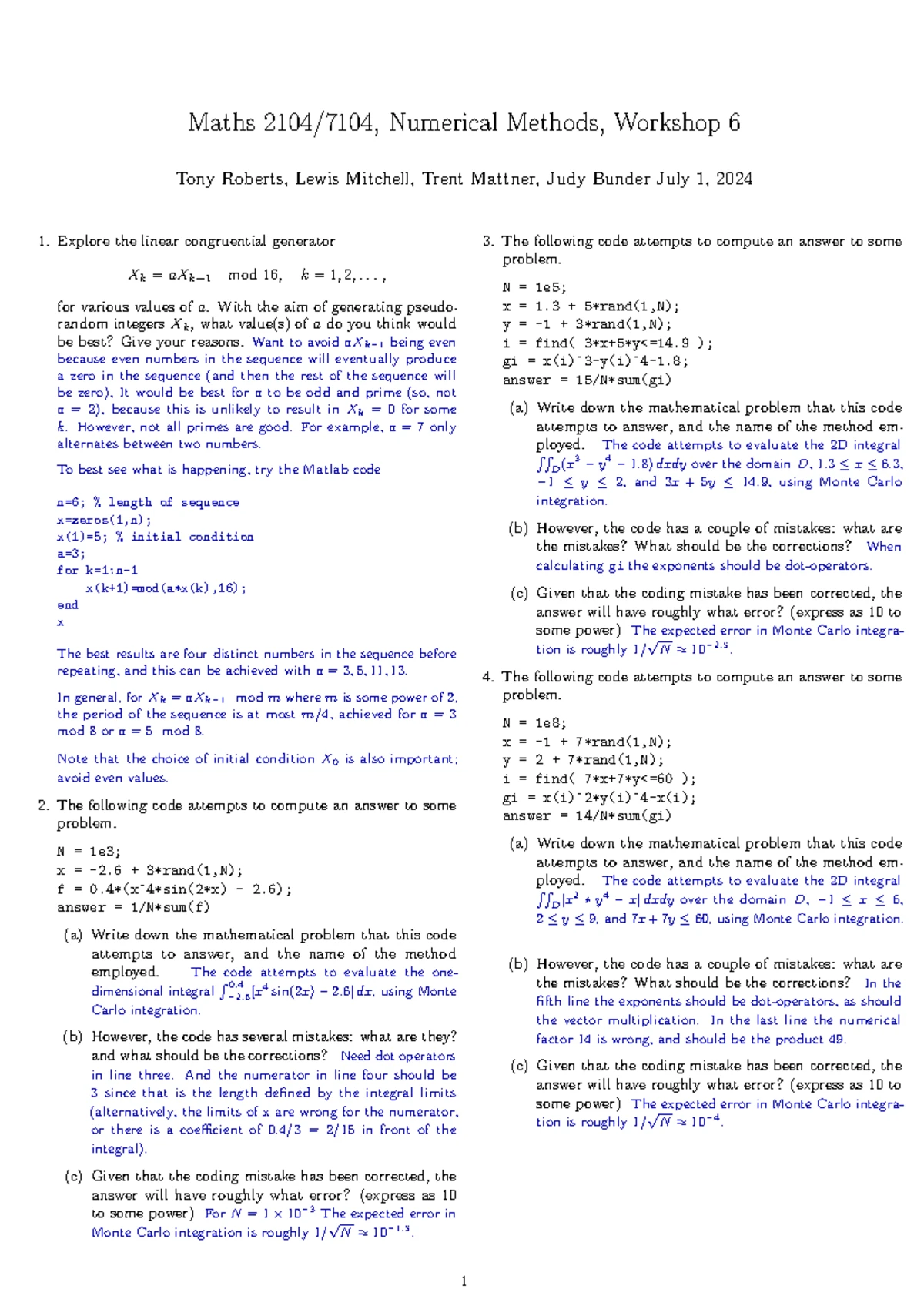 Workshop 03 solns - Maths 2104/7104, Numerical Methods, Workshop 3 Tony ...