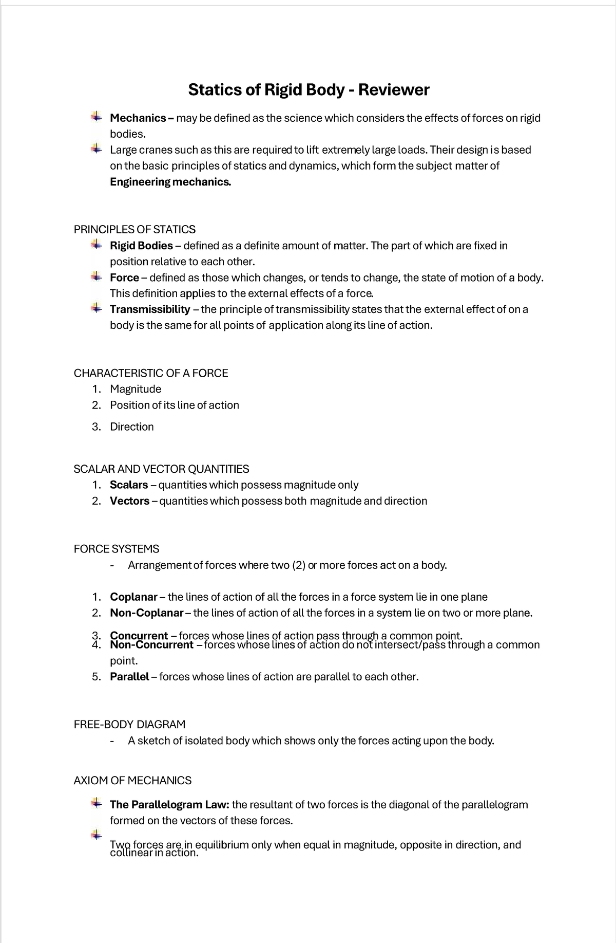 Statics of Rigid Body: Comprehensive Reviewer for Mechanics - Studocu