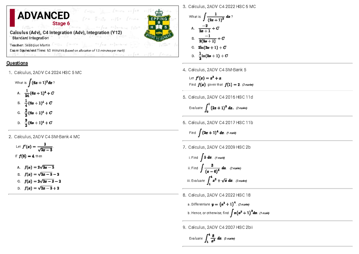Integration (Basic) Worksheet for 2ADV C4 Calculus 2022 HSC - Studocu