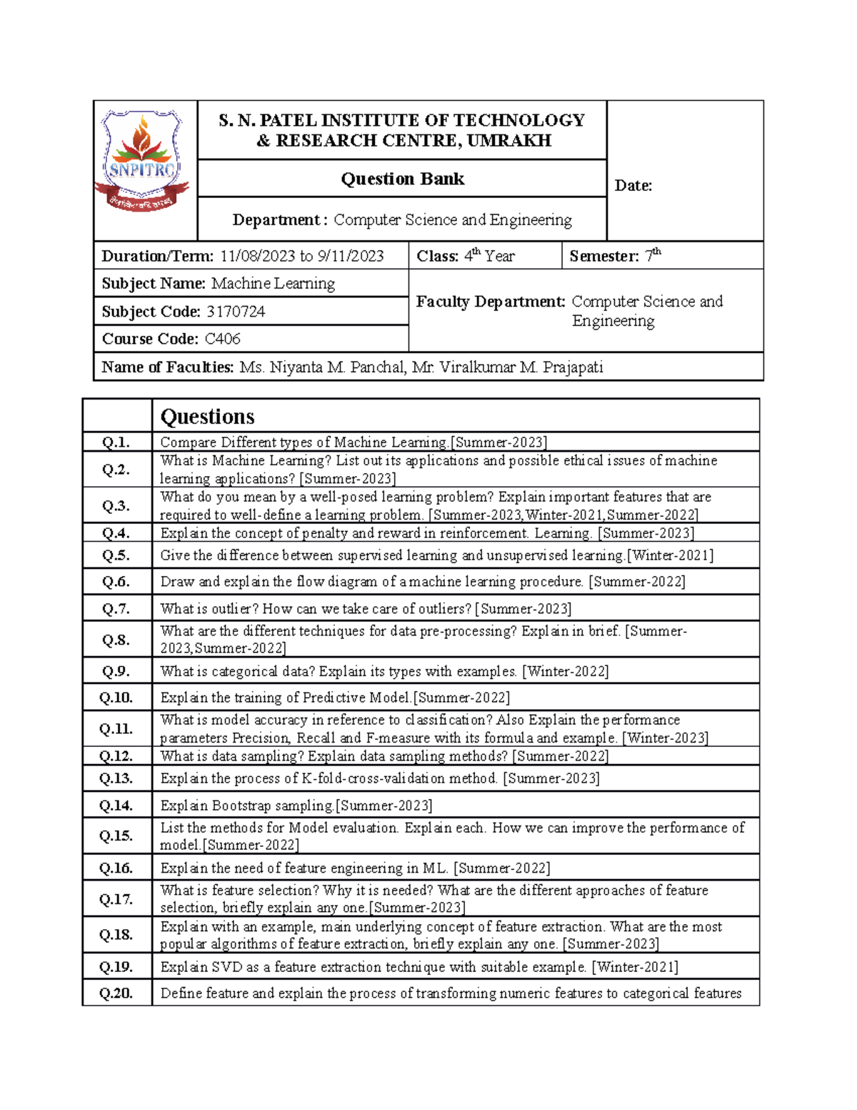Question Bank for Machine Learning (C3170724) - 7th Semester - Studocu