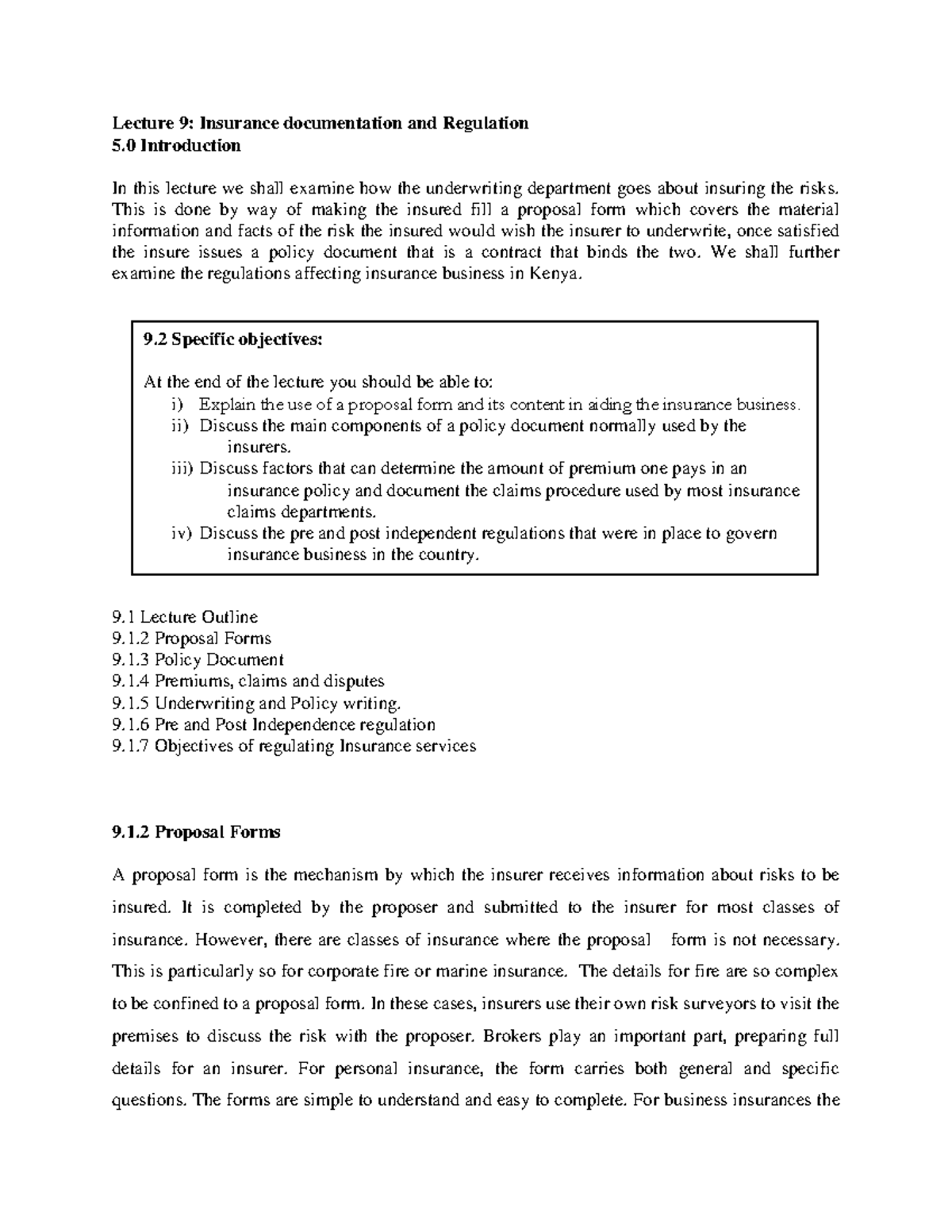 Lecture 9: Insurance Documentation & Regulations Overview - Studocu