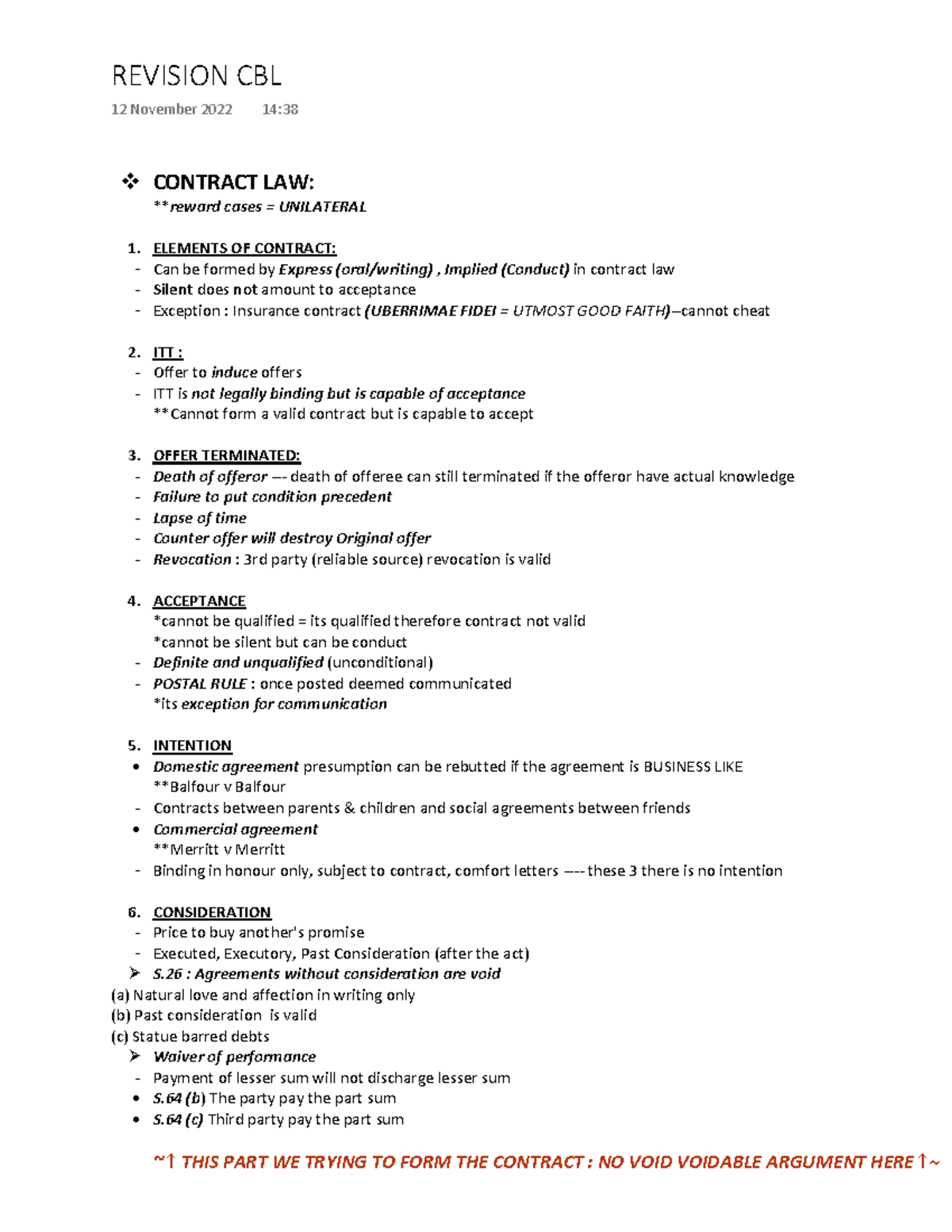 CBL Revision Notes - cbl - CONTRACT LAW: **reward cases = UNILATERAL ...