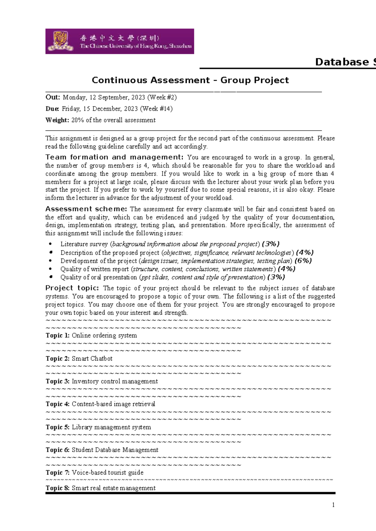 CSC3170 Group Project Guidelines - Continuous Assessment 2023 - Studocu
