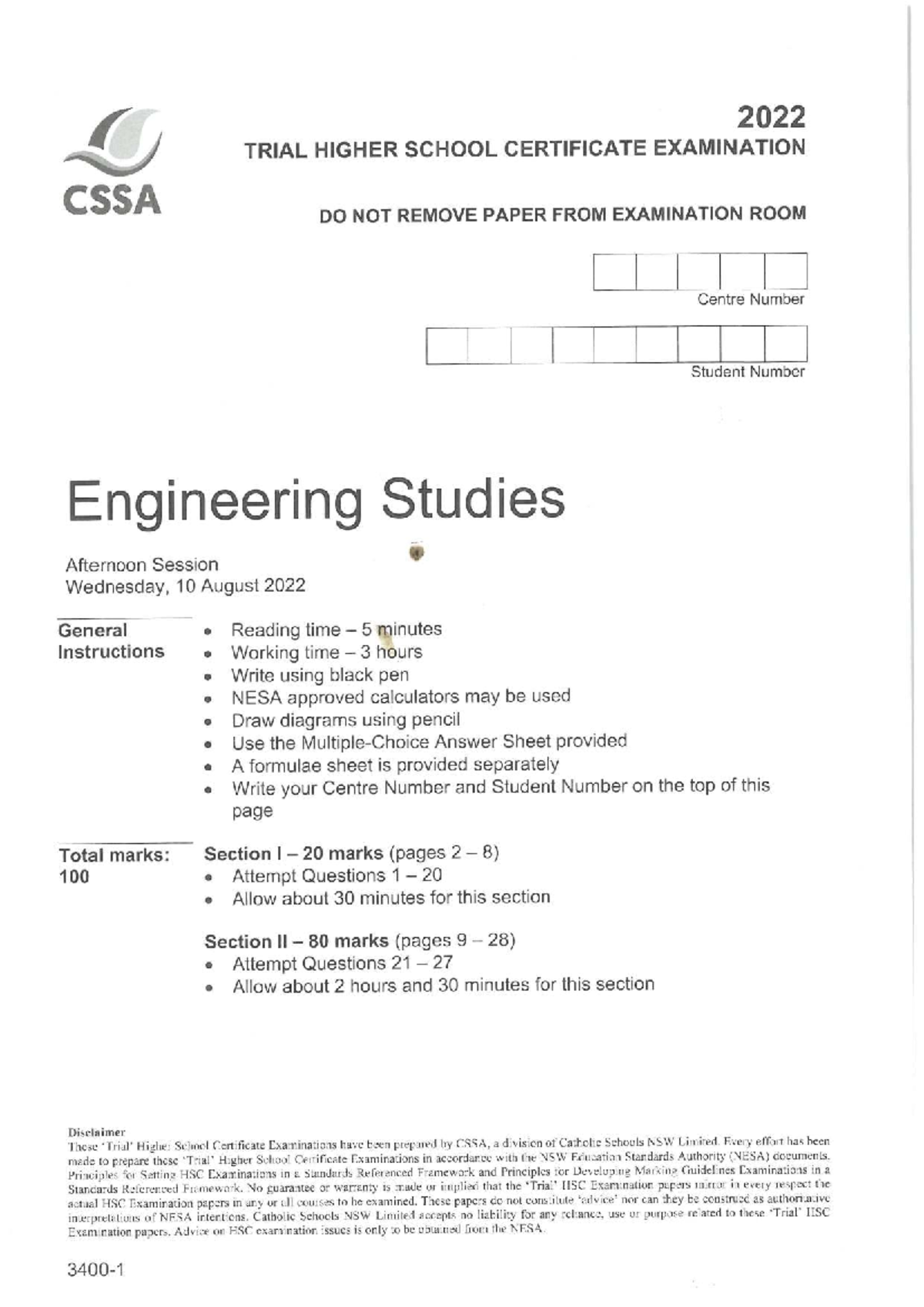 2022 CSSA Engineering Studies HSC Exam Paper - Studocu