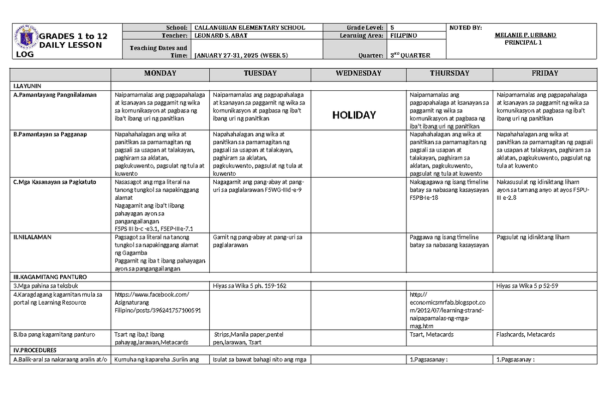 DLL Filipino 5 Q3 W5: Daily Lesson Log for Week 5 - Studocu