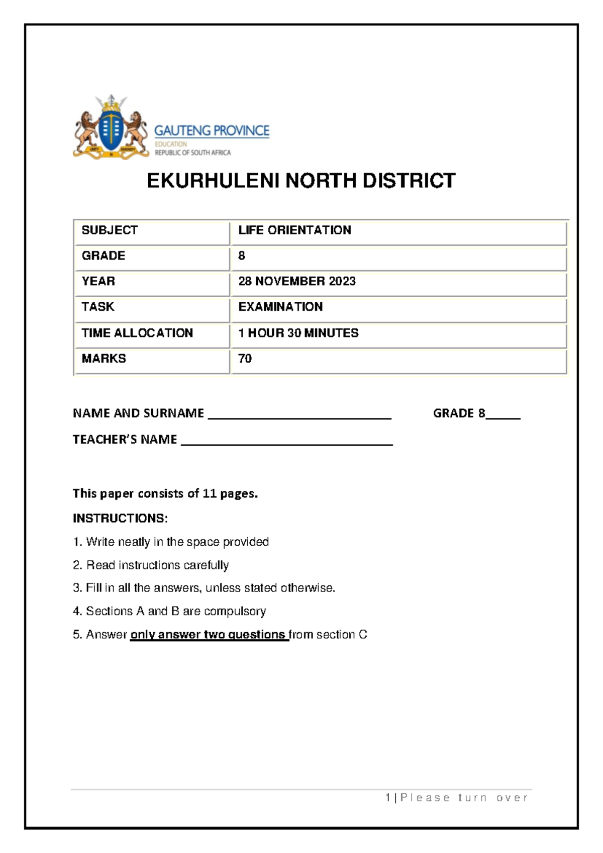 Grade 8 LO NOV Paper 2023 Final - Life Orientation Exam - Studocu