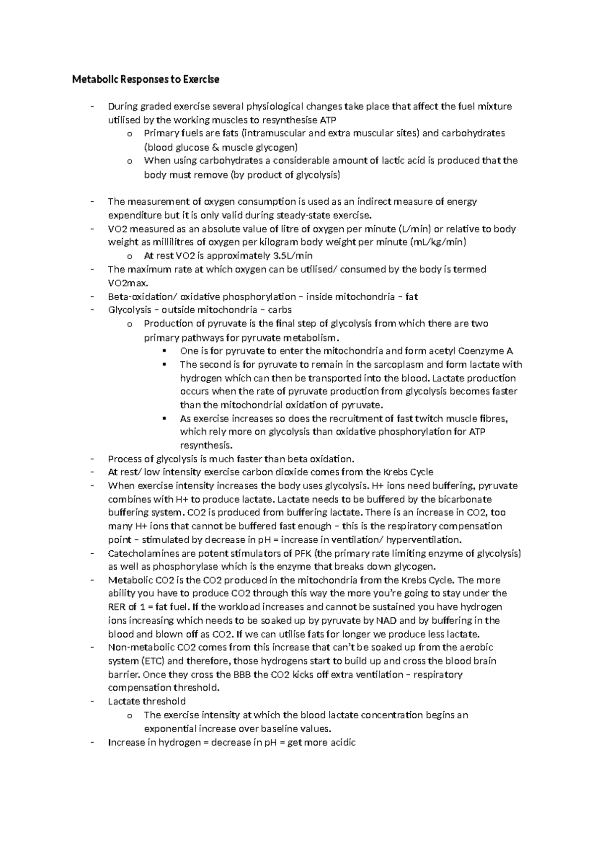 EXAM-PREP - Mid-Semester Study Notes on Metabolic Responses to Exercise ...